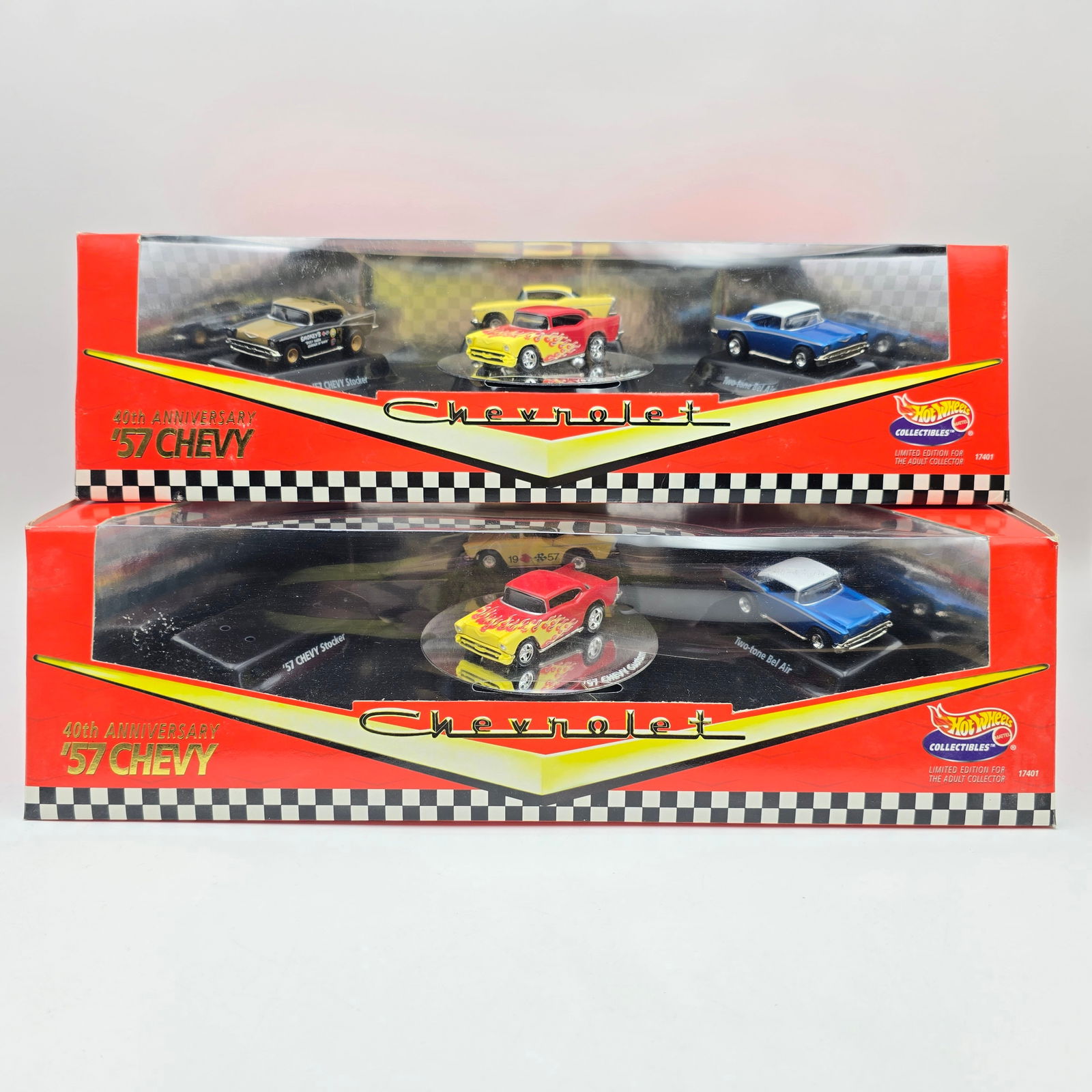 Hot Wheels 57 Chevy Set Pair: Hot Wheels 40th Anniversary of the 57 Chevy 4 car set pair Cars look to be in great condition but one set has been opened and the Chevy Stocker is removed. Check photos for full description. One