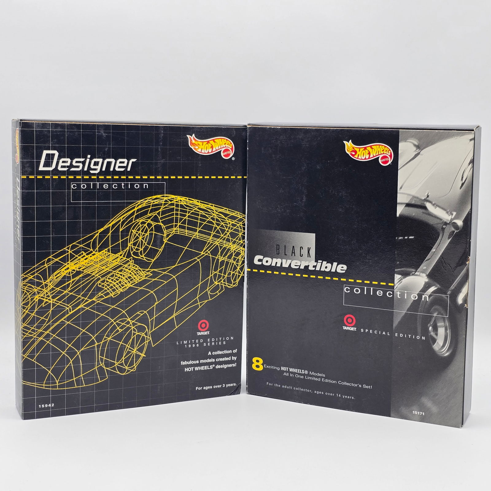 Hot Wheels Target Exclusive Set Pair: Hot Wheels Target Exclusive 8 car Set pair, includes Black Convertible Collection and The Designer Collection All cars appear excellent in sealed boxes Boxes are sealed but do have shelf wear in spots