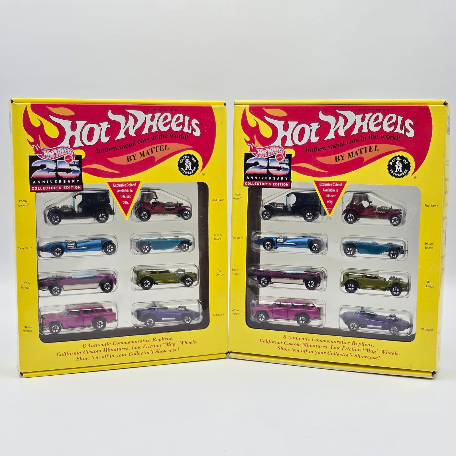 Hot Wheels 25th Ann Series 1 Set Pair: Hot Wheels 25th Anniversary Series 1 8 car Set pair (2 identical sets included) All cars appear excellent in sealed boxes Boxes are sealed but may have shelf wear in spots, please check photos.