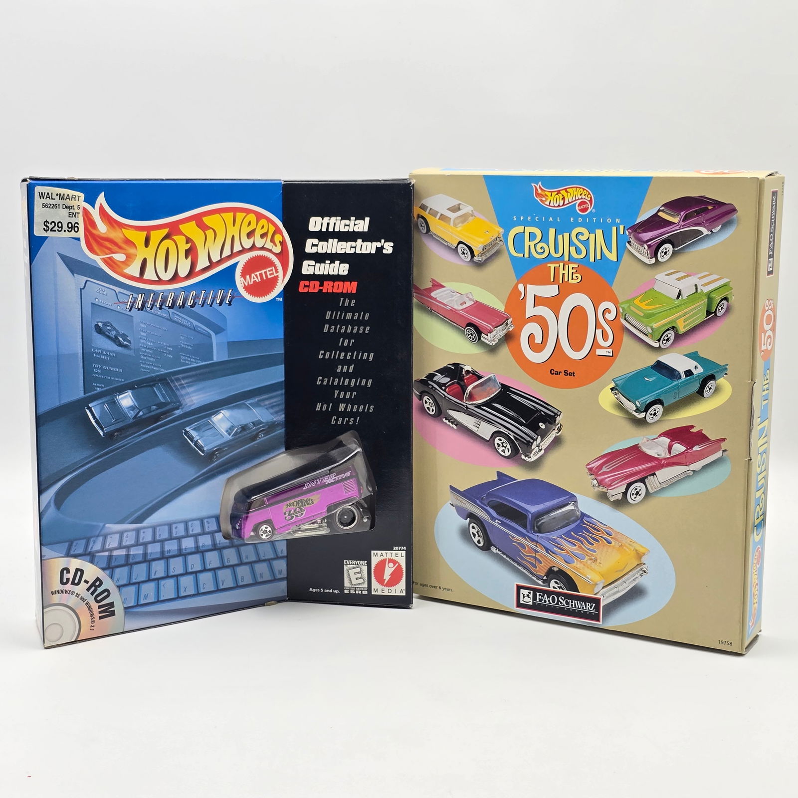 Hot Wheels 90's Boxed Set Pair: Hot Wheels 90's Boxed set pair, includes Official Collectors Guide CD Rom VW Drag Bus and an FAO Schwarz Cruisin the 50's Set Cars appear excellent with no issues Both set boxes are sealed, may have s