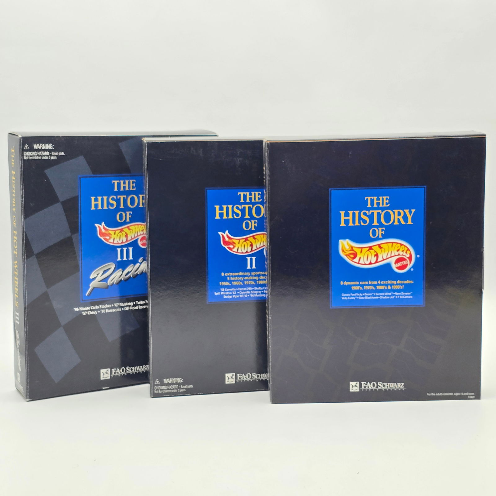 Hot Wheels History FAO set of 3: History of Hot Wheels FAO Schwarz Exclusive sets I, II and III All cars appear to be in excellent condition Includes all 3 boxes in the series, all boxes are sealed and in good condition, they may hav