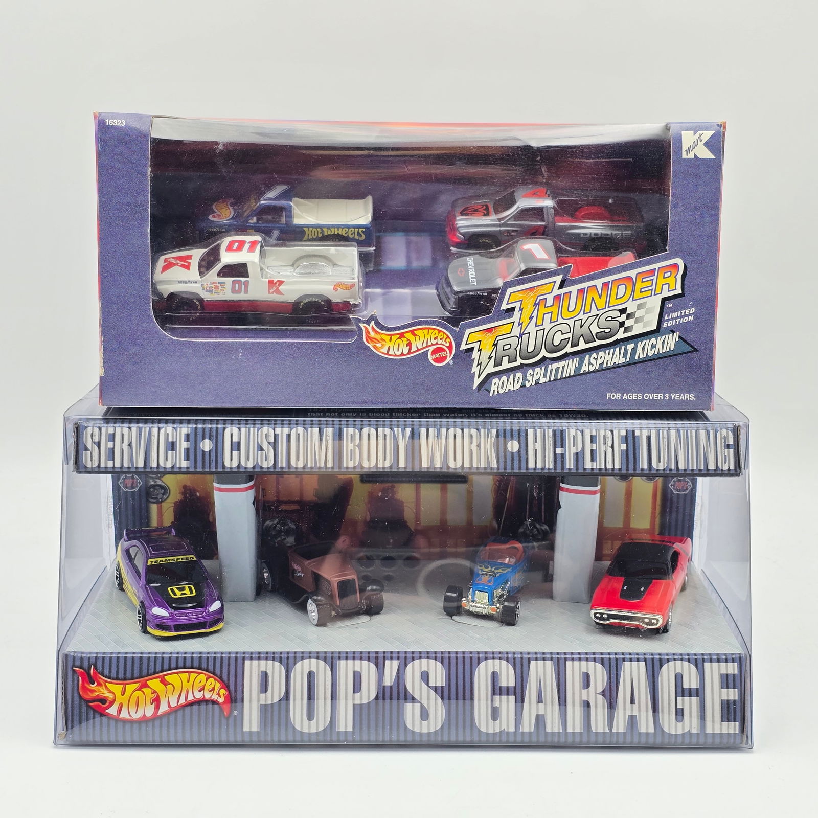 Hot Wheels Premium Car Set Pair: Hot Wheels Premium car set pair, Includes K-Mart exclusive Thunder Trucks 4 car set and Pop's Garage 4 car set All cars appear excellent in sealed boxes Boxes are sealed but do have shelf wear in s