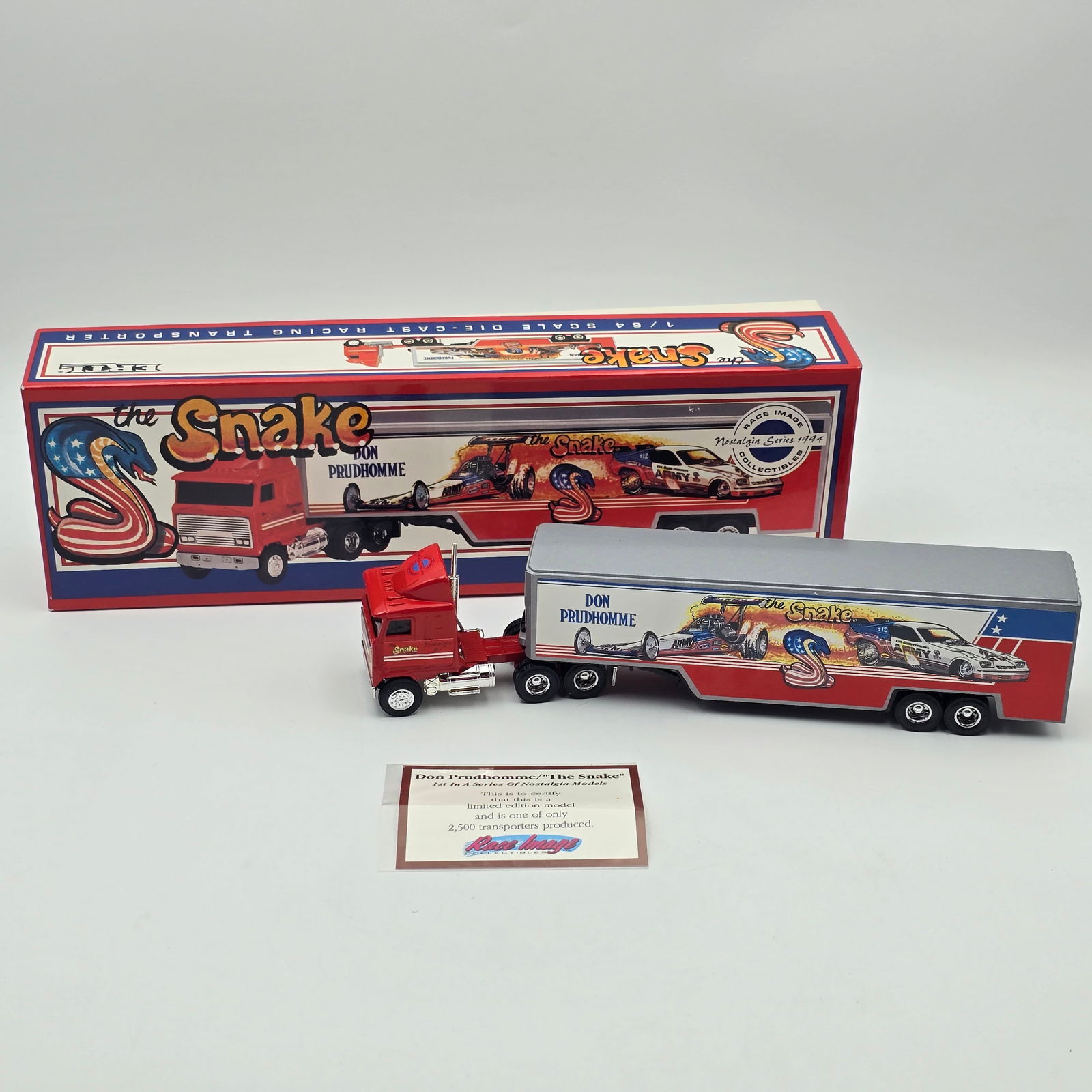 ERTL Race Image Snake Transporter: ERTL Race Image Collectibles Don Prudhomme The Snake Transporter Truck and Trailer appear excellent with no issues Box is excellent, it may have minor shelf wear in spots