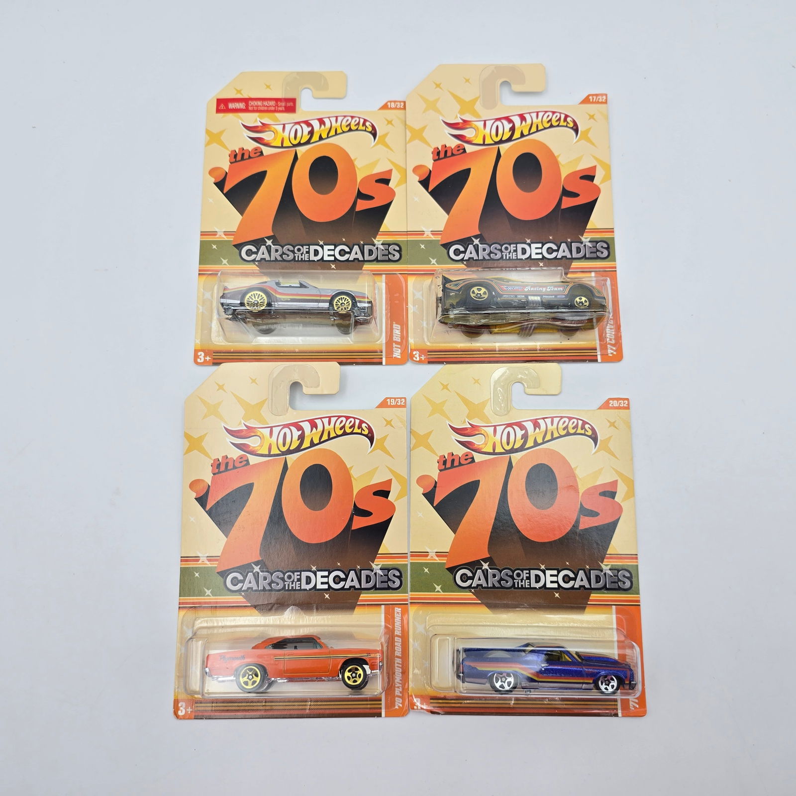 Hot Wheels Cars of the Decades 4 car lot: Hot Wheels 70's Cars of the Decades 4 car lot, includes - 70 Plymouth Road Runner, Hot Bird, 71 El Camino and 77 Firebird Funny Car All cars appear excellent with no issues of note Cards are good but