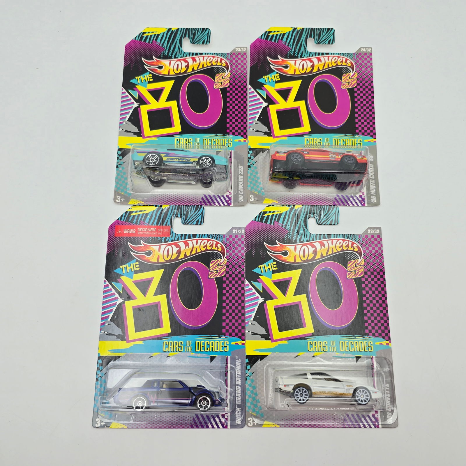 Hot Wheels Cars of the Decades 4 car lot: Hot Wheels 80's Cars of the Decade, includes - 80 Camaro Z28, 86 Monte Carlo SS, 80's Corvette and Buick Grand National All cars appear excellent with no issues of note Cards are good but may have sca