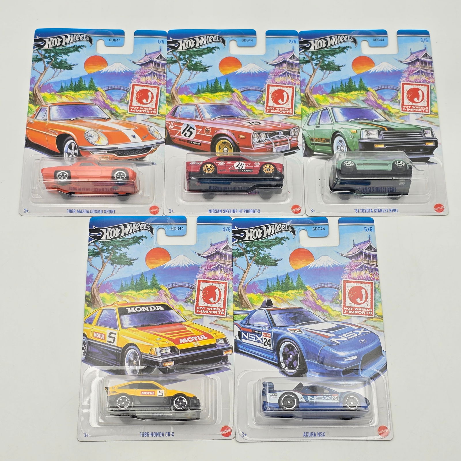 Hot Wheels 2024 J-Imports Set: Hot Wheels 2024 J-Imports set of 5, includes - Mazda, Nissan, Toyota, Honda and Acura All cars appear excellent with no issues of note Cards are good but may have scattered spots of corner and edgewea