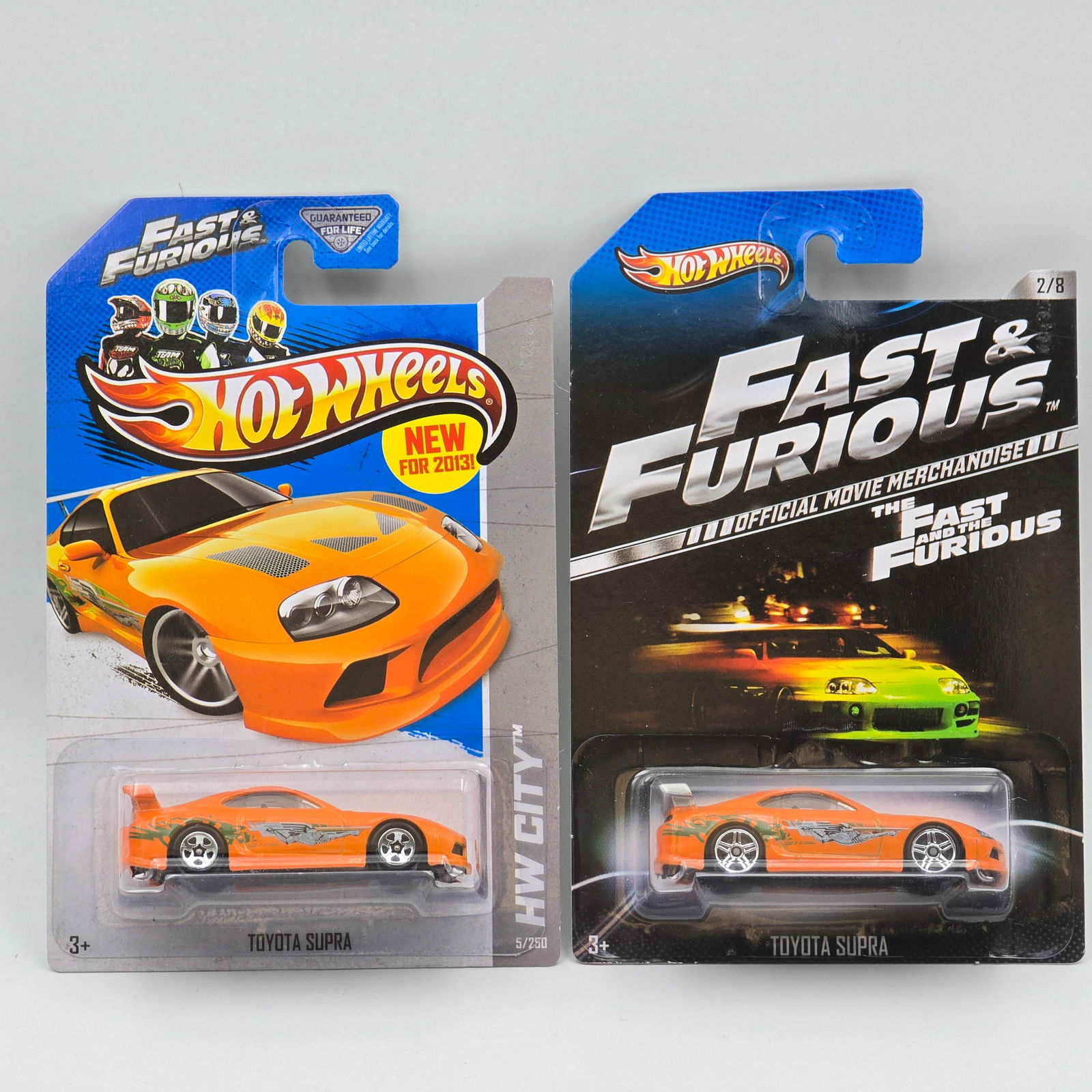 Hot Wheels Fast & Furious lot of 2: Hot Wheels Fast & Furious lot of 2, includes - Official Movie 2/8 Toyota Supra (Tougher Silver Spoiler variation) and HW City 2013 Toyota Supra All cars appear excellent with no issues of note Car
