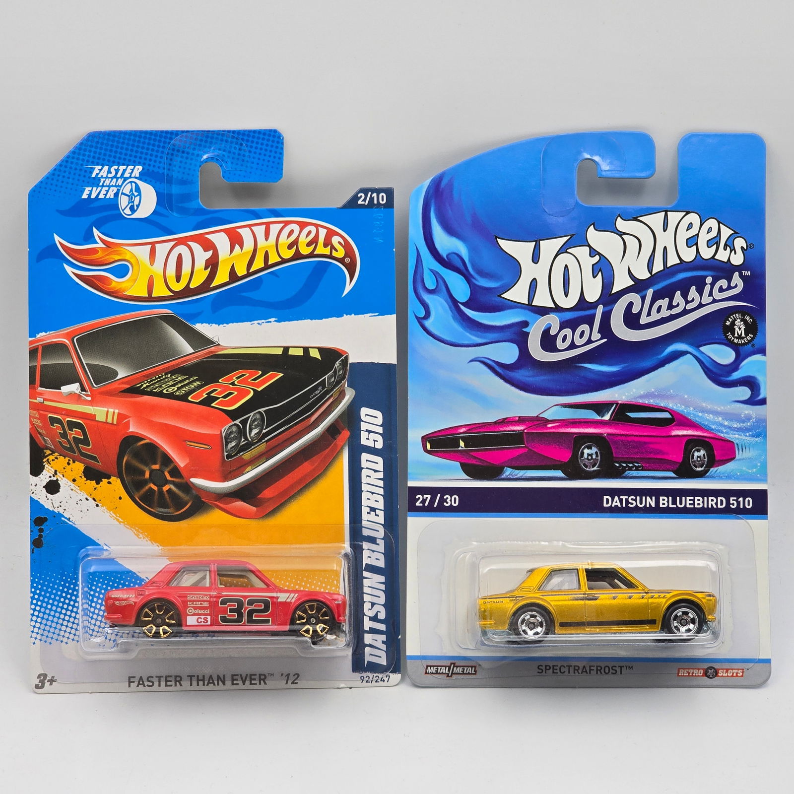 Hot Wheels Datsun Bluebird 510 Pair: Hot Wheels Bluebird 510 Pair, includes - Faster than ever and a Cool Classics All cars appear excellent with no issues of note Cards are good but may have scattered spots of corner and edgewear, check
