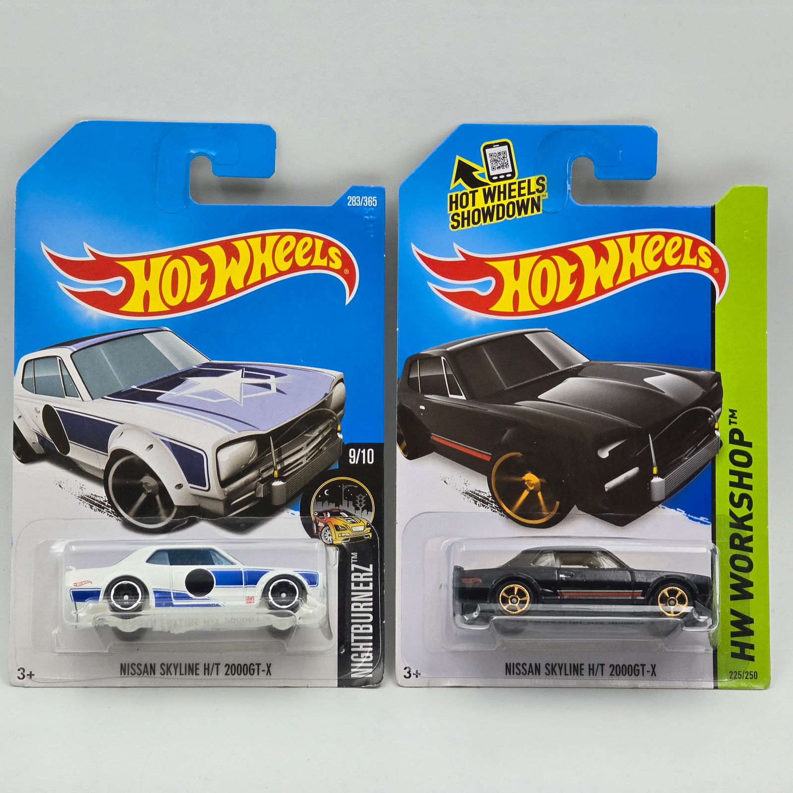 Hot Wheels Nissan Skyline H/T Pair: Hot Wheels Nissan Skyline H/T 2000GT-X pair, includes - White Nightburnerz and HW Workshop (Rollcage Variation) All cars appear excellent with no issues of note Cards are good but may have scattered
