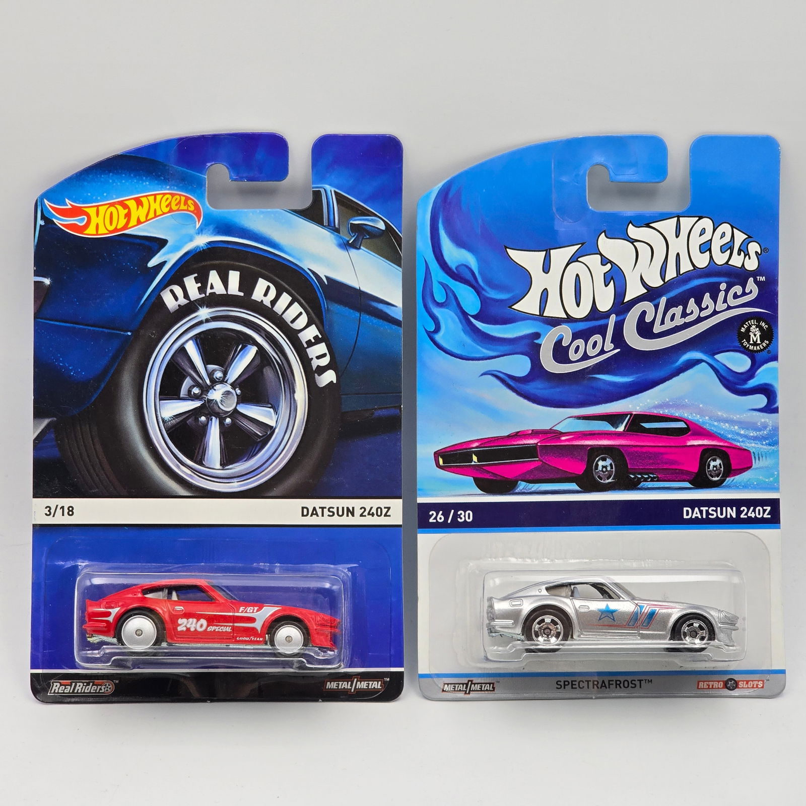 Hot Wheels Datsun 240Z Pair: Hot Wheels Datsun 240Z Pair, includes - Red Real Riders and Silver Cool Classics All cars appear excellent with no issues of note Cards are good but may have scattered spots of corner and edgewear, ch