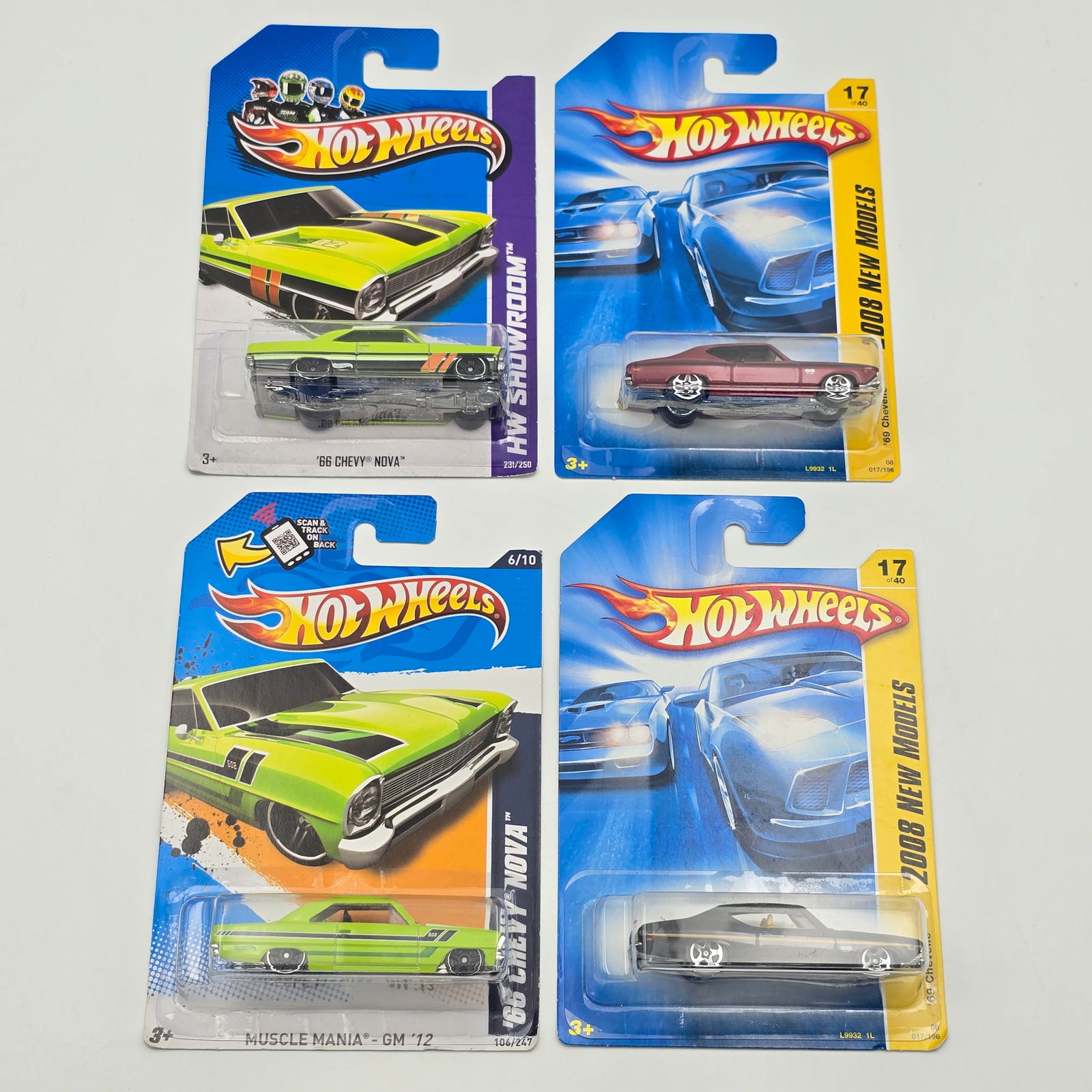 Hot Wheels Chevy 4 car lot: Hot Wheels Chevy 4 car lot, includes - HW Showroom 66 Chevy Nova, Muscle Mania 66 Chevy Nova, 2008 New Model black 69 Chevelle and 2008 New model red 69 Chevelle All cars appear excellent with no issu