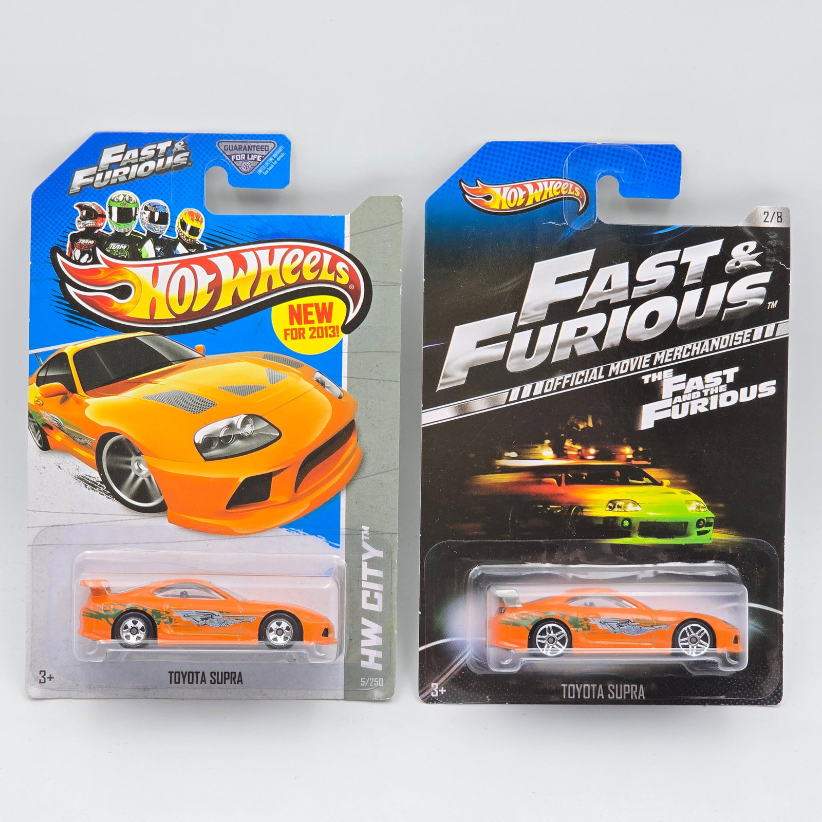 Hot Wheels Fast & Furious lot of 2: Hot Wheels Fast & Furious lot of 2, includes - Official Movie 2/8 Toyota Supra (Silver Spoiler, detailed light tampo version) and HW City 2013 Toyota Supra All cars appear excellent with no
