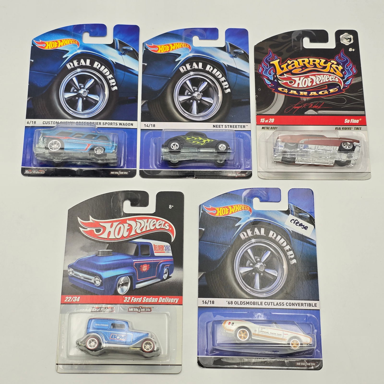 Hot Wheels Premium lot of 5: Hot Wheels premium lot of 5, includes - (3) Reaql Riders - 68 Olds Cutlass Convertible, Neet Streeter and Custom Chevy Greenbrier Sportswagon. Larrys Garage So Fine and a 32 Ford Sedan Delivery All c