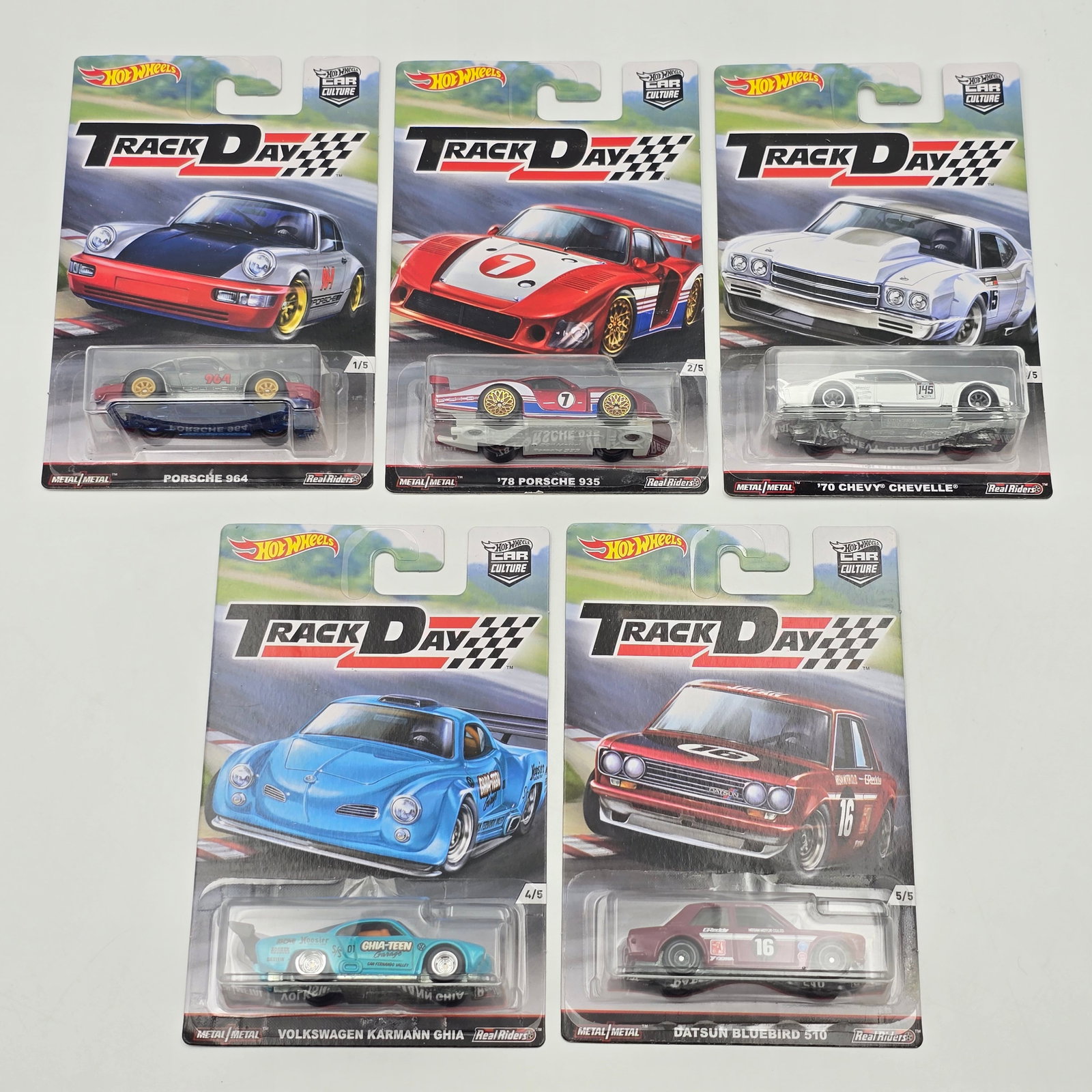 Hot Wheels Premium 5 car set: Hot Wheels Premium 5 car set Car Culture Track Day includes 78 Porsche 935, Porsche 964, 70 Chevy Chevelle, Datsun Bluebird 510, Volkswagen Karmann Ghia All cars appear excellent with no issues of