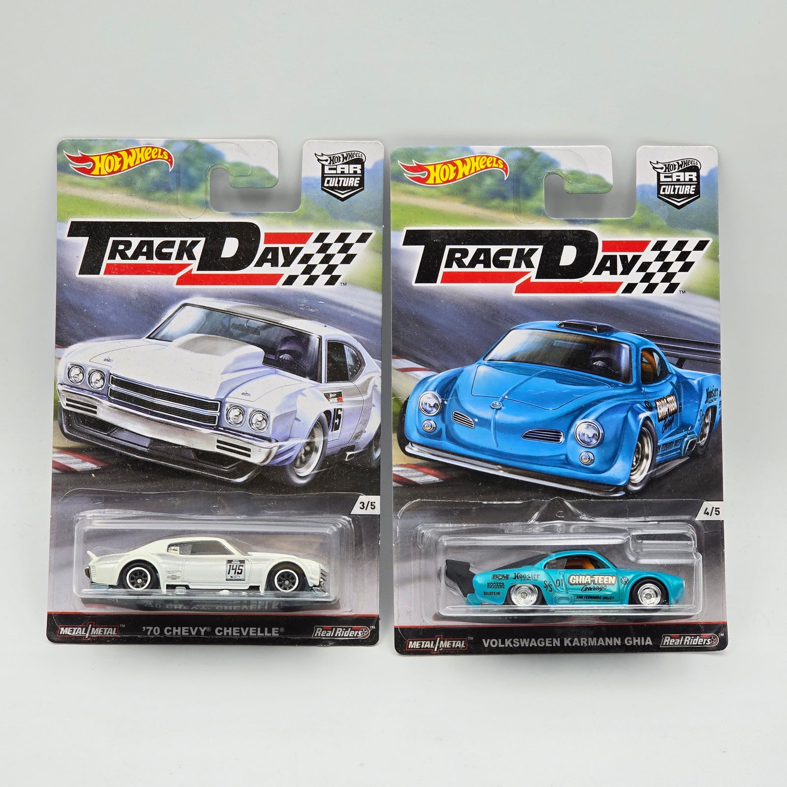Hot Wheels Premium 2 car lot: Hot Wheels Premium 2 car lot Car Culture Track Day Volkswagen Karmann Ghia and 70 Chevy Chevelle All cars appear excellent with no issues of note Cards are good but may have scattered spots of corn