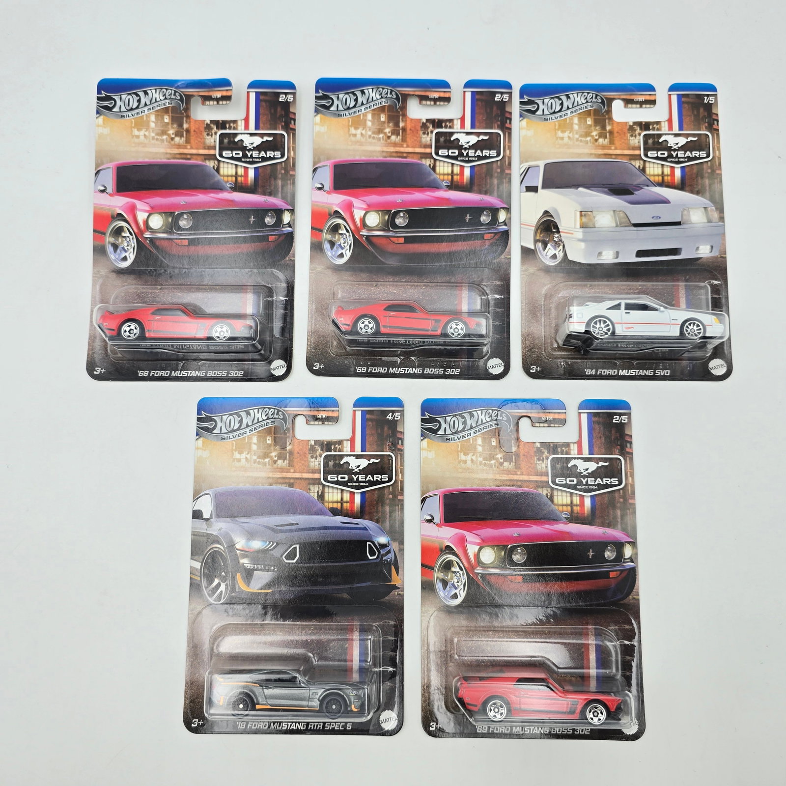 Hot Wheels Silver Series lot of 5: Hot Wheels Silver Series lot of 5, includes - (3) 69 Ford Mustang Boss 302, 84 Ford Mustang SVO and 18 Ford Mustang (RTR) Spec 5 Cars are excellent with no issues Cards appear excellent but may hav