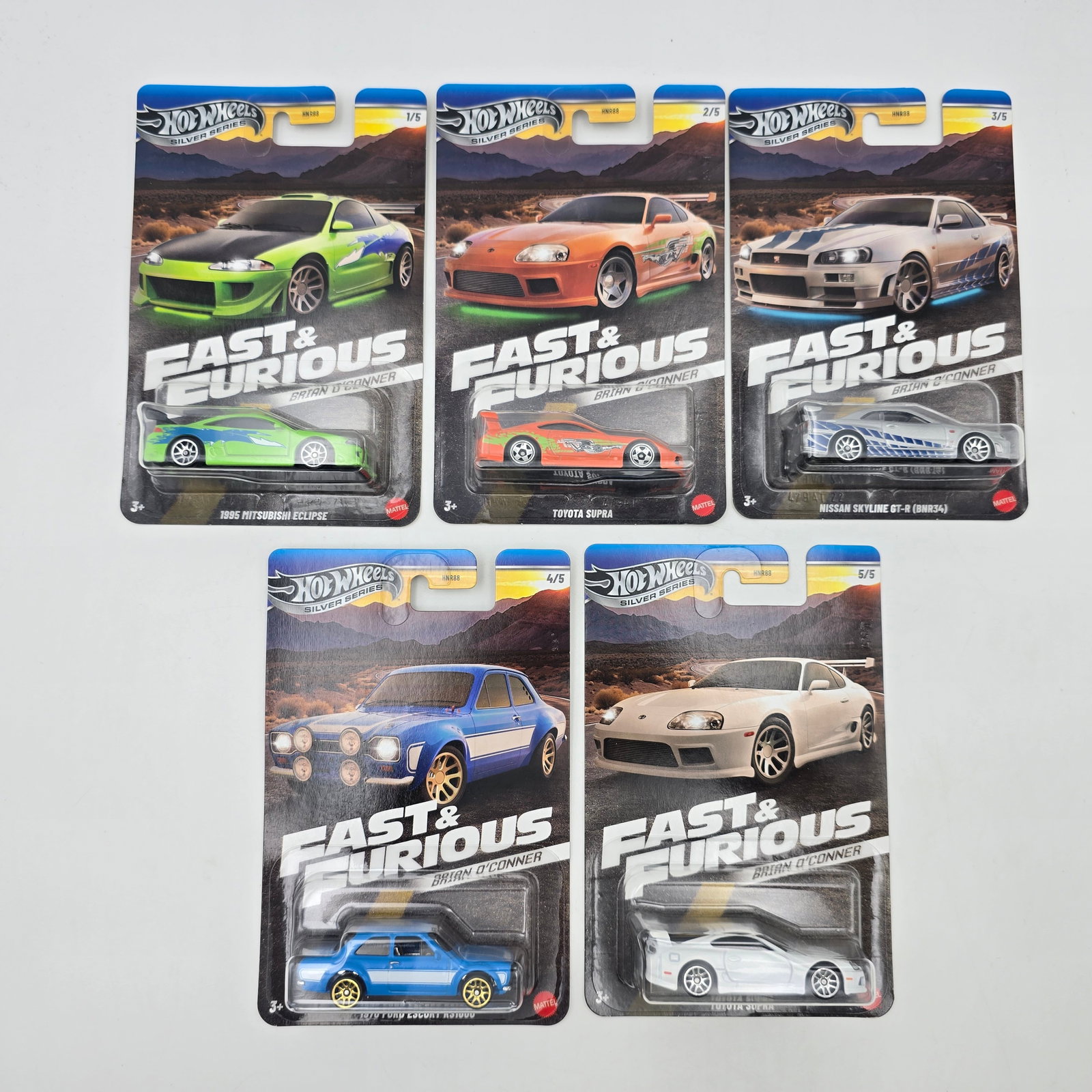 Hot Wheels Silver Series F&F set of 5: Hot Wheels Silver Series Fast & Furious Brian O'Conner complete set of 5 Cars are excellent with no issues Cards appear excellent but may have edge and/or corner wear in spots, please check pho