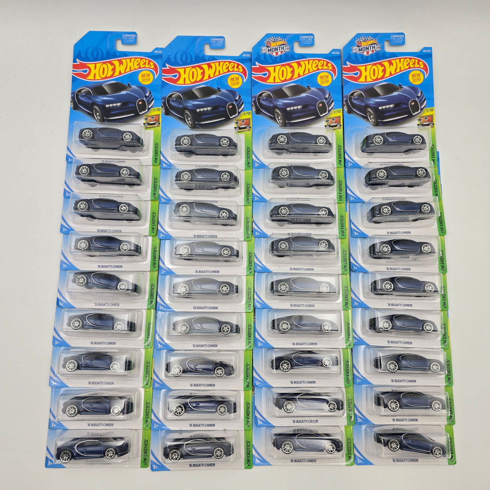 Hot Wheels Bugatti Chiron lot of 36: Hot Wheels HW Exotics blue '16 Bugatti Chiron lot of 36 Cards appear excellent but may have edge and/or corner wear in spots, please check photos Blisters are clear and crack free