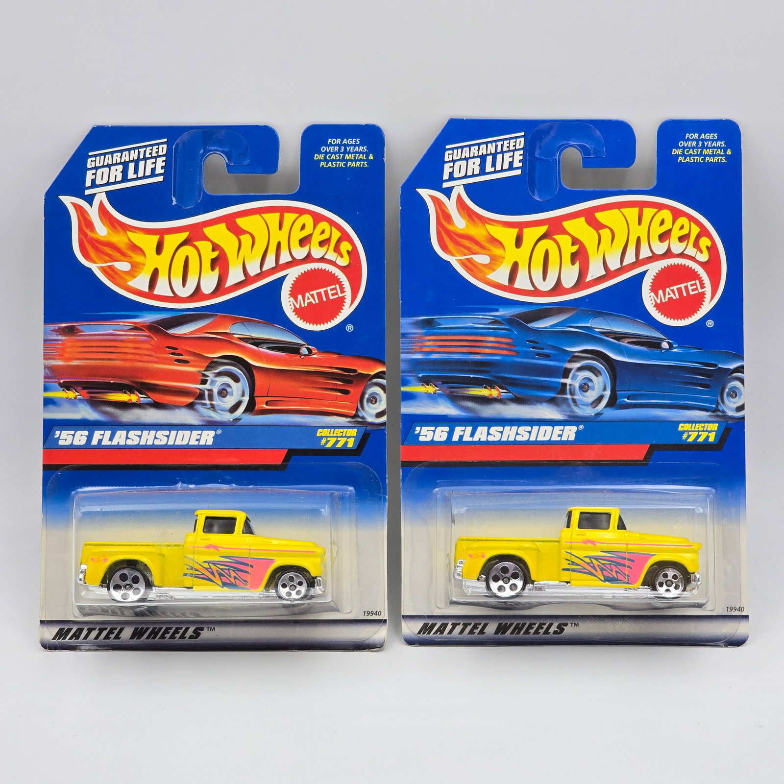 Hot Wheels 56 Flashsider Pair: Hot Wheels #771 '56 Flash sider Pair Both have 5 hole wheels but are on 2 different card variations as seen Cars appear to be in good condition with no issues of note Cards are in good shape, ma
