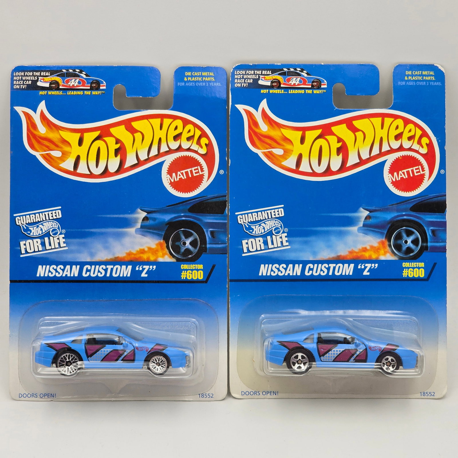 Hot Wheels Nissan Custom Z Pair: Hot Wheels #600 Nissan Custom Z Pair Two different wheel variations included - Lace and 5 - spoke Cars appear to be in good condition with no issues of note Cards are in good shape, may have minor edg