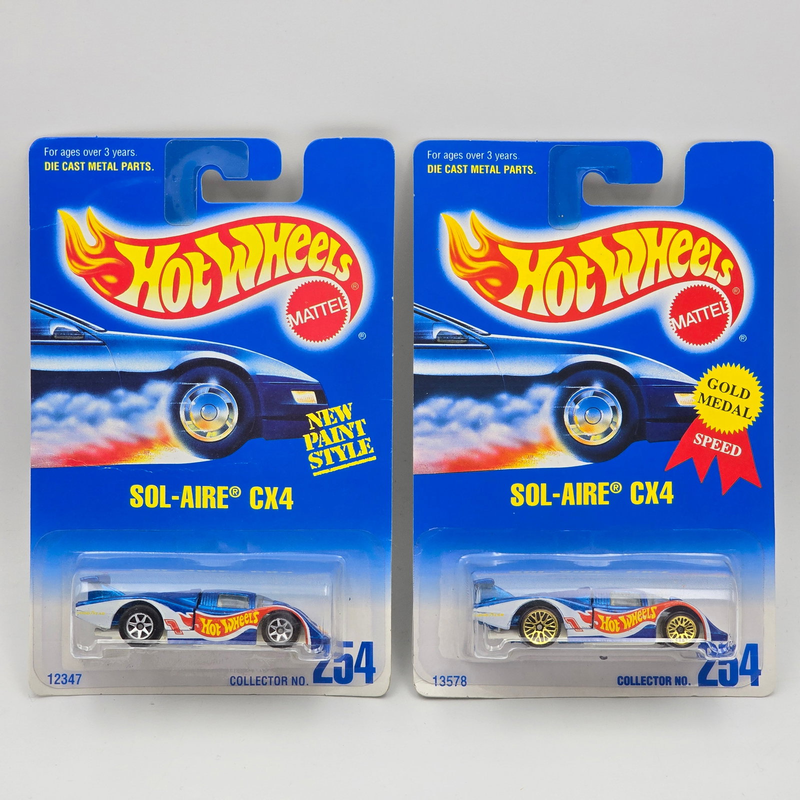 Hot Wheels Sol-Aire CX4 Pair: Hot Wheels #254 Sol-Aire CX4 Pair Two different wheel variations included - Gold Lace and 7 - spoke, also 2 different card variations Cars appear to be in good condition with no issues of note Cards a
