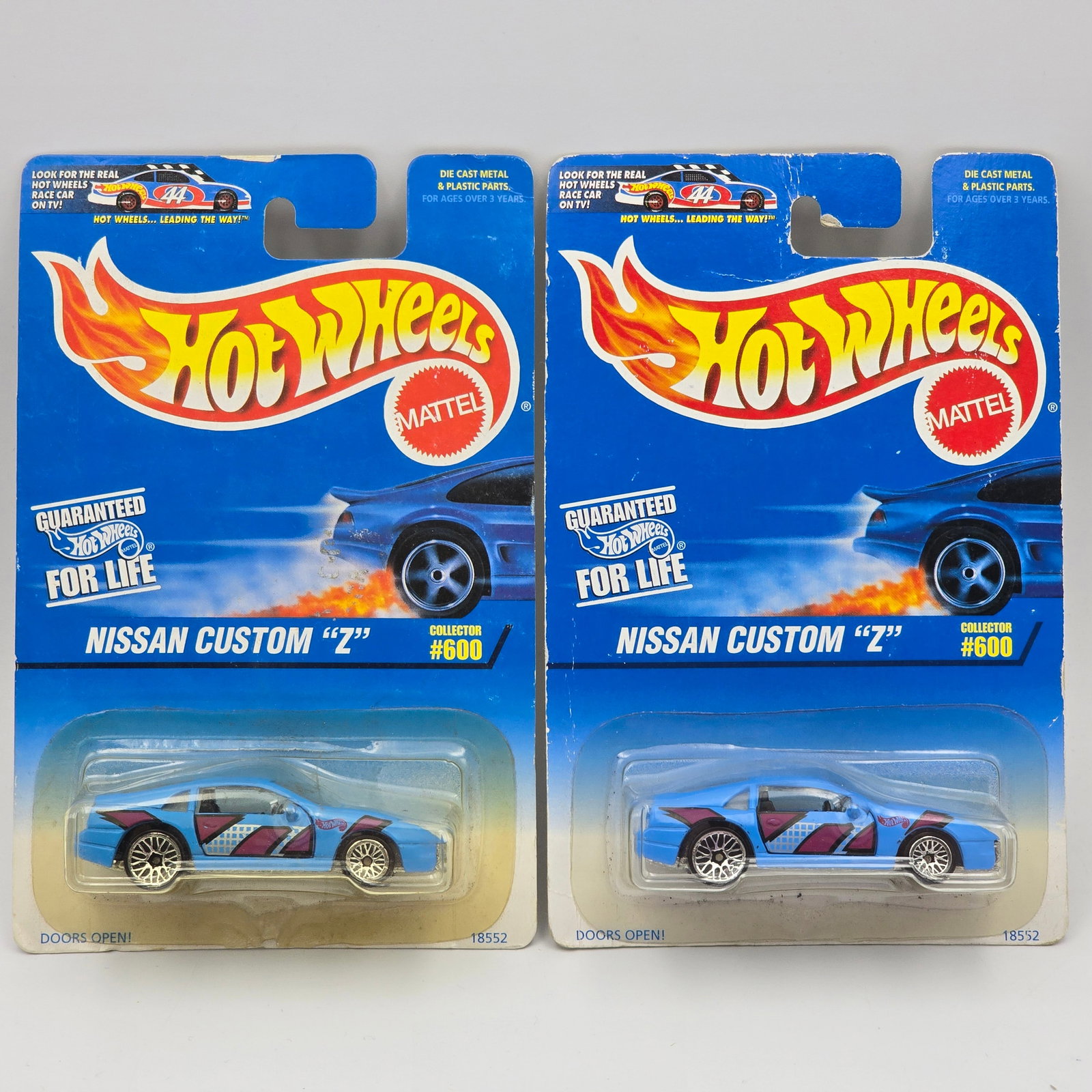Hot Wheels Nissan Custom Z Pair: Hot Wheels #234 Nissan Custom Z Pair Both have Lace wheel variation Cars appear to be in good condition with no issues of note Cards are in good shape, may have minor edge dings in spots, blisters are