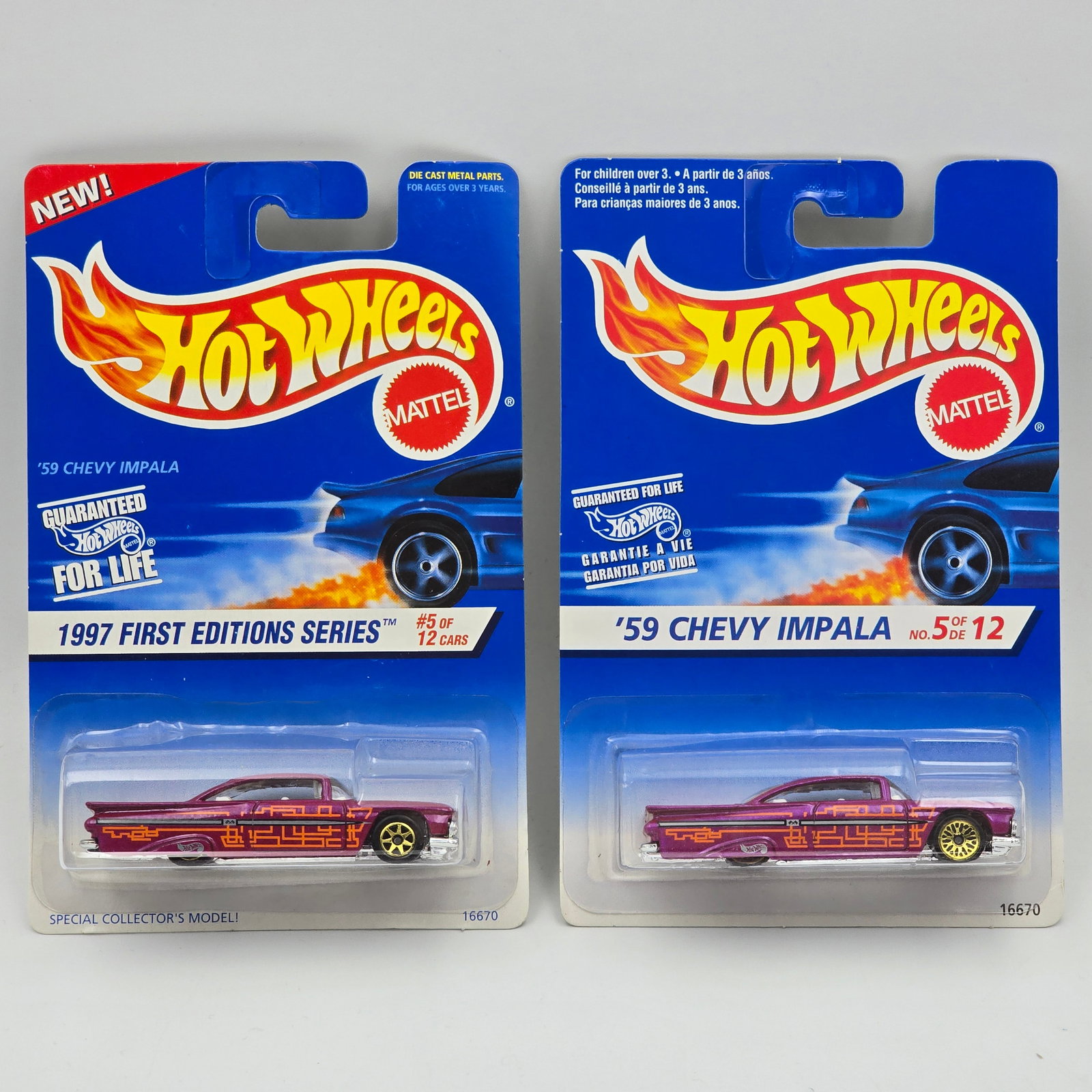 Hot Wheels 59 Chevy Impala Pair: Hot Wheels 59 Chevy Impala Pair Two different wheel variations included - Gold Lace and Gold 7 - spoke, also on 2 different card variations Cars appear to be excellent to near mint with no issues of n
