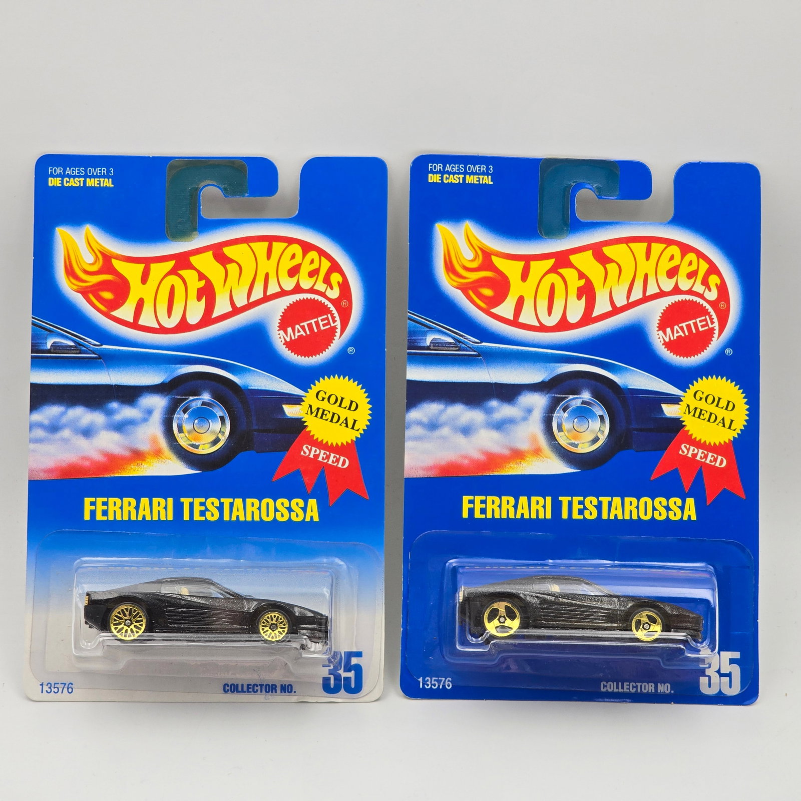 Hot Wheels Ferrari Testarossa Pair: Hot Wheels #35 Ferrari Terstarossa Pair Two different wheel variations included - Gold 3 - spoke and Gold Lace, also on 2 different card variations Cars appear to be excellent to near mint with no iss