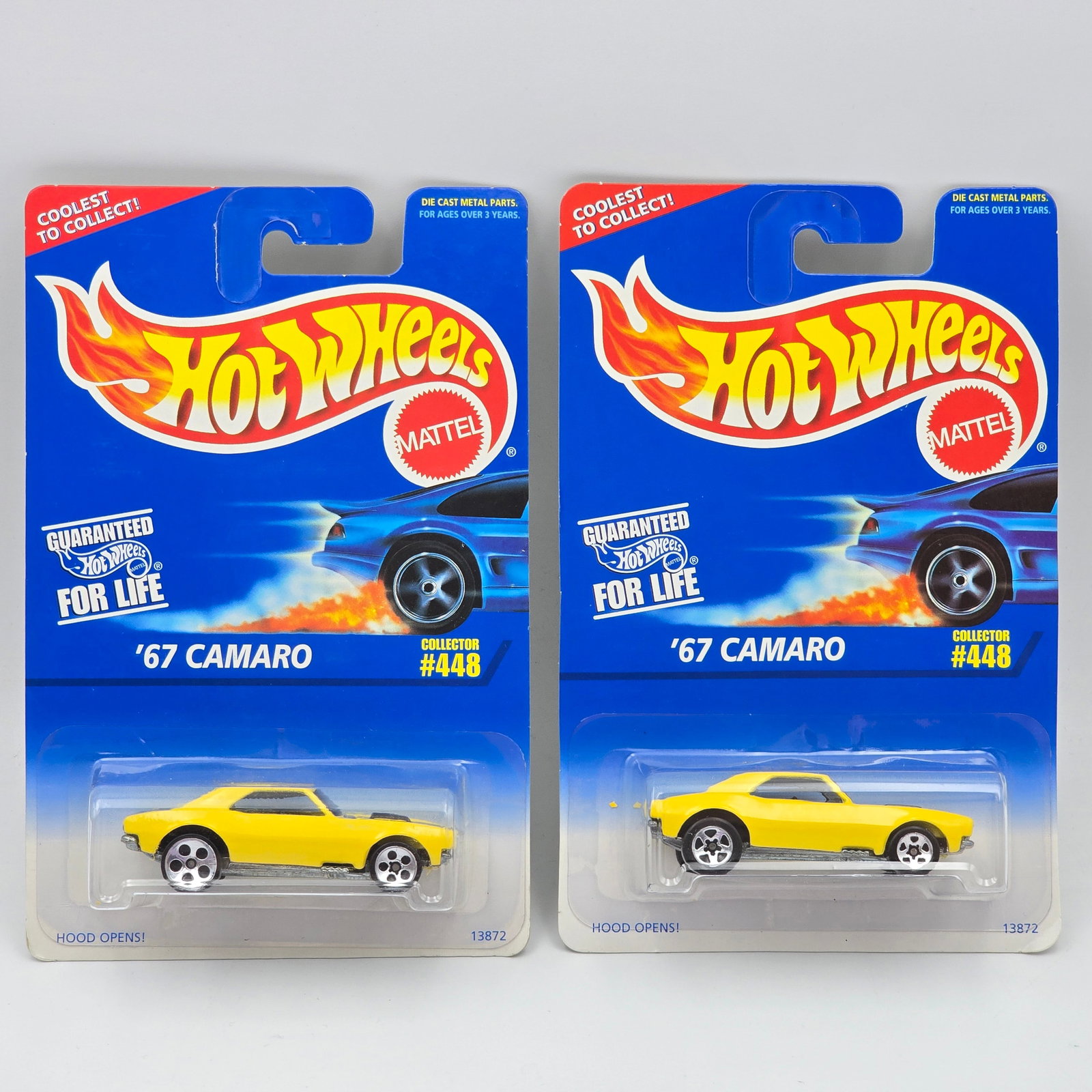 Hot Wheels Yellow 67 Camaro Pair: Hot Wheels #448 Yellow 67 Camaro Pair Two different wheel variations included - 5 - hole and 5 - spoke Cars appear to be in good condition with no issues of note Cards are in good shape, may have mino