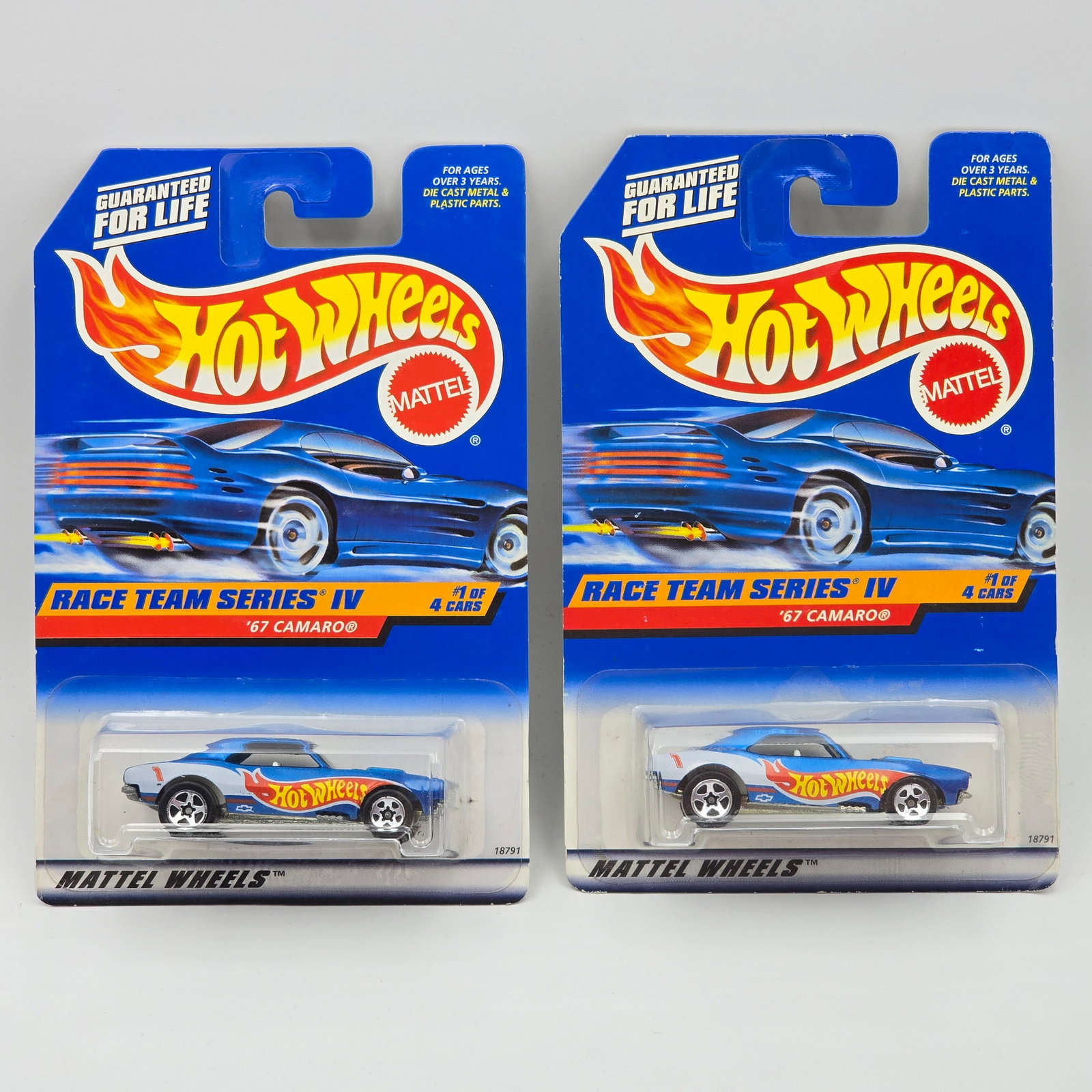 Hot Wheels 67 Camaro Pair: Hot Wheels Race Team IV 67 Camaro Pair Both have 5 - spoke wheels, the one is a reverse base (no Malaysia) variation, please check photos Cars appear to be in good condition with no issues of note