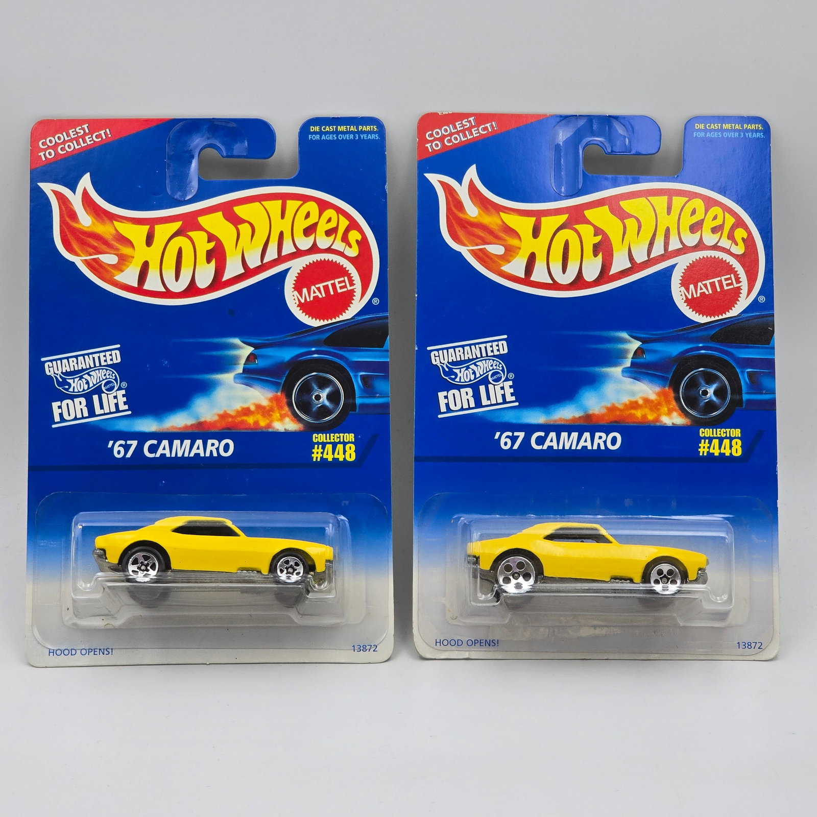 Hot Wheels 67 Camaro pair: Hot Wheels #448 Yellow 67 Camaro Pair Two different wheel variations included - 5 - hole and 5 - spoke Cars appear to be in good condition with no issues of note Cards are in good shape, may h