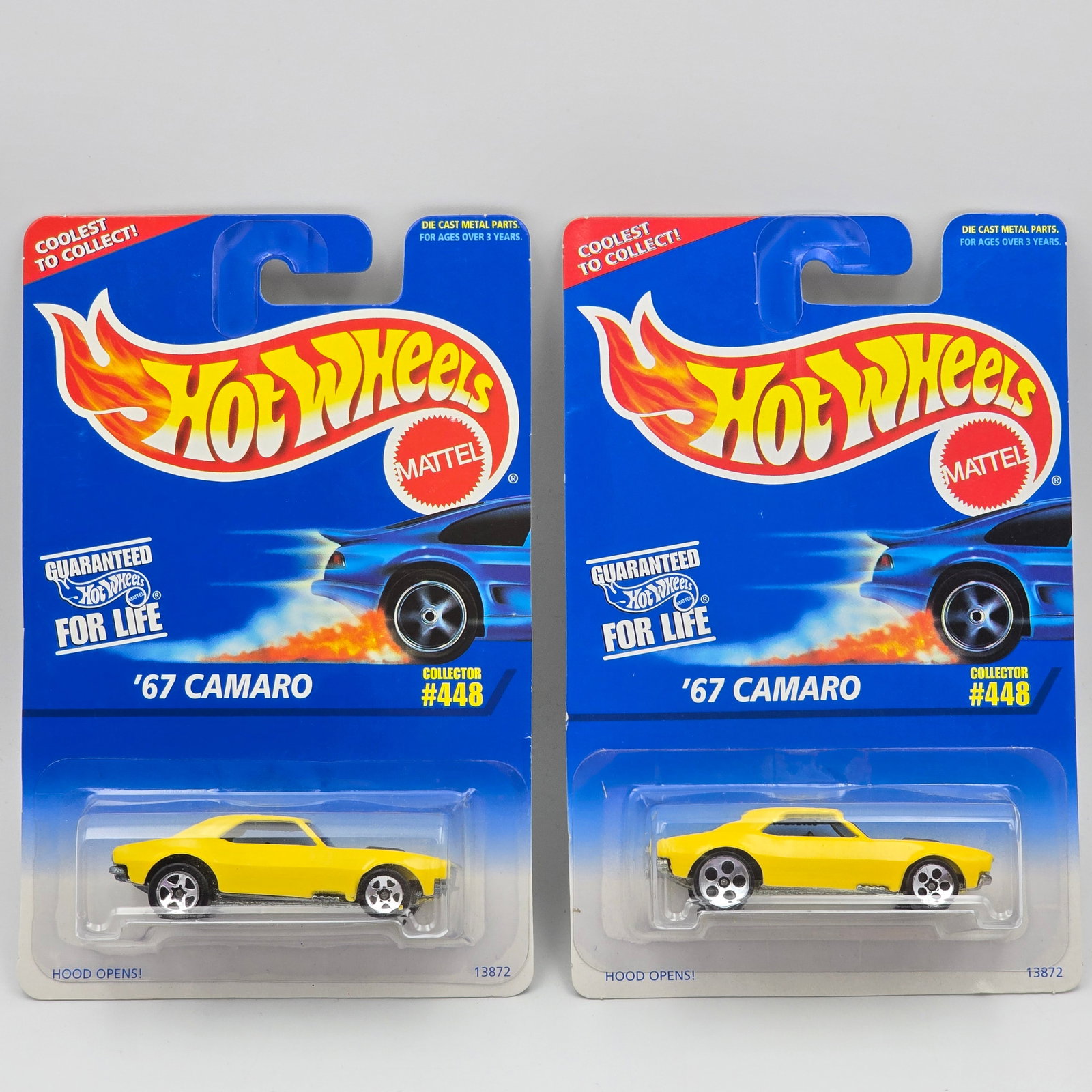 Hot Wheels Yellow 67 Camaro Pair: Hot Wheels #448 Yellow 67 Camaro Pair Two different wheel variations included - 5 - hole and 5 - spoke Cars appear to be in good condition with no issues of note Cards are in good shape, may have mino
