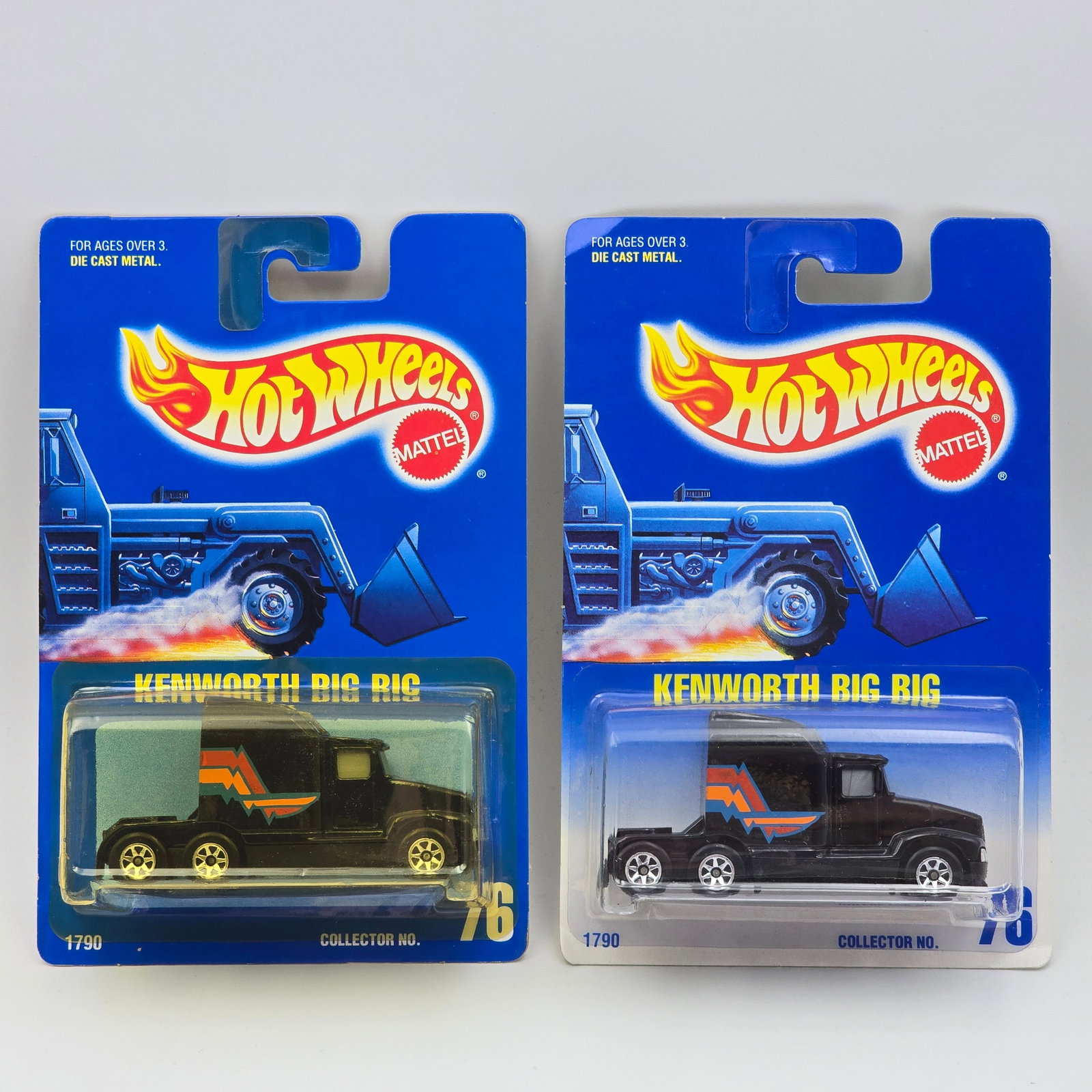 Hot Wheels Kenworth Big Rig Pair: Hot Wheels #76 Kenworth Big Rig Pair Both have 7 - Spoke wheels, come on 2 different card variations as seen Cars appear to be in good condition with no issues of note Cards are in good shape, may hav