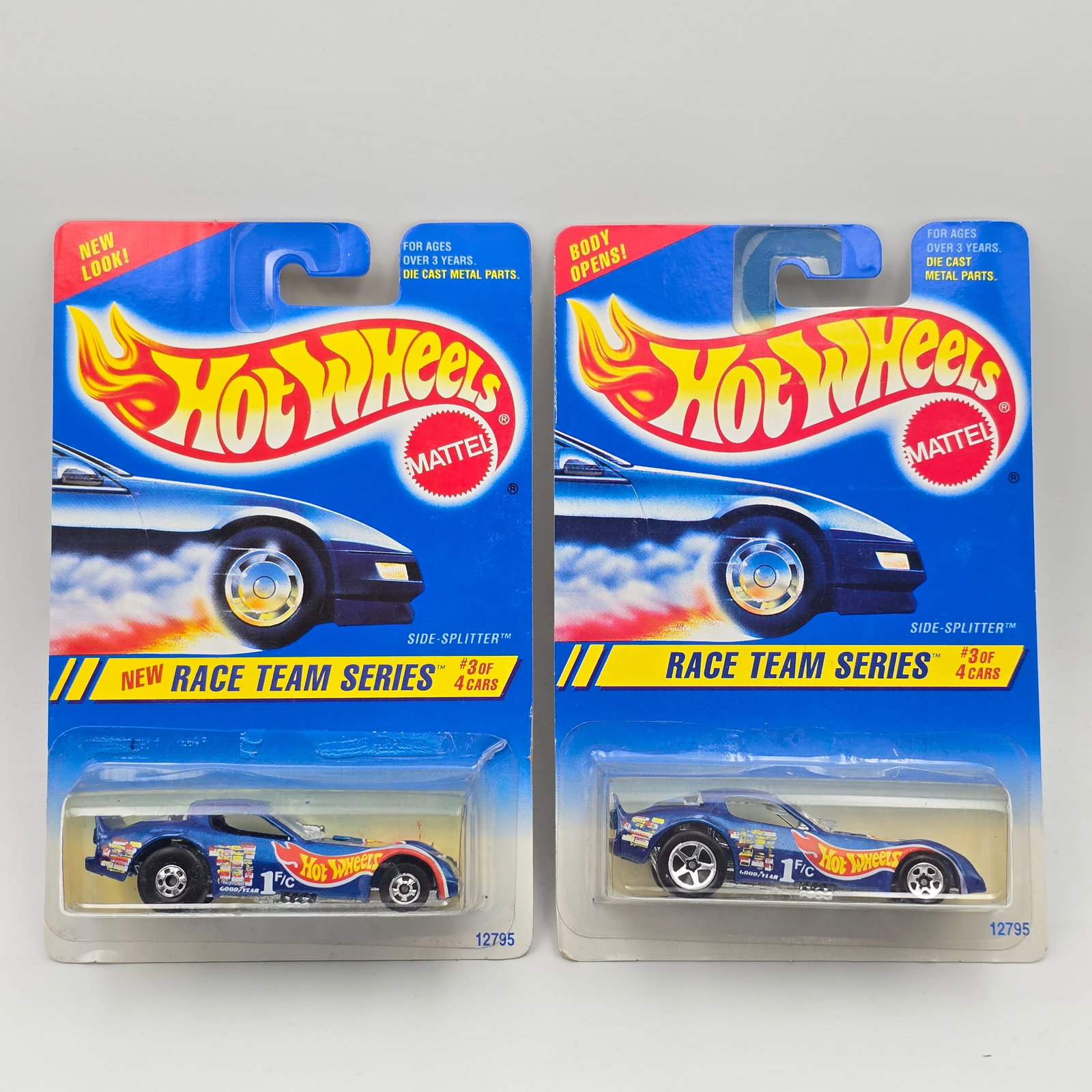 Hot Wheels Side Splitter Pair: Hot Wheels Race Team Series Side Splitter Pair Two different wheel variations included - Basic and 5 - Spoke, cards are different variations as seen Cars appear to be in good condition with no issues 