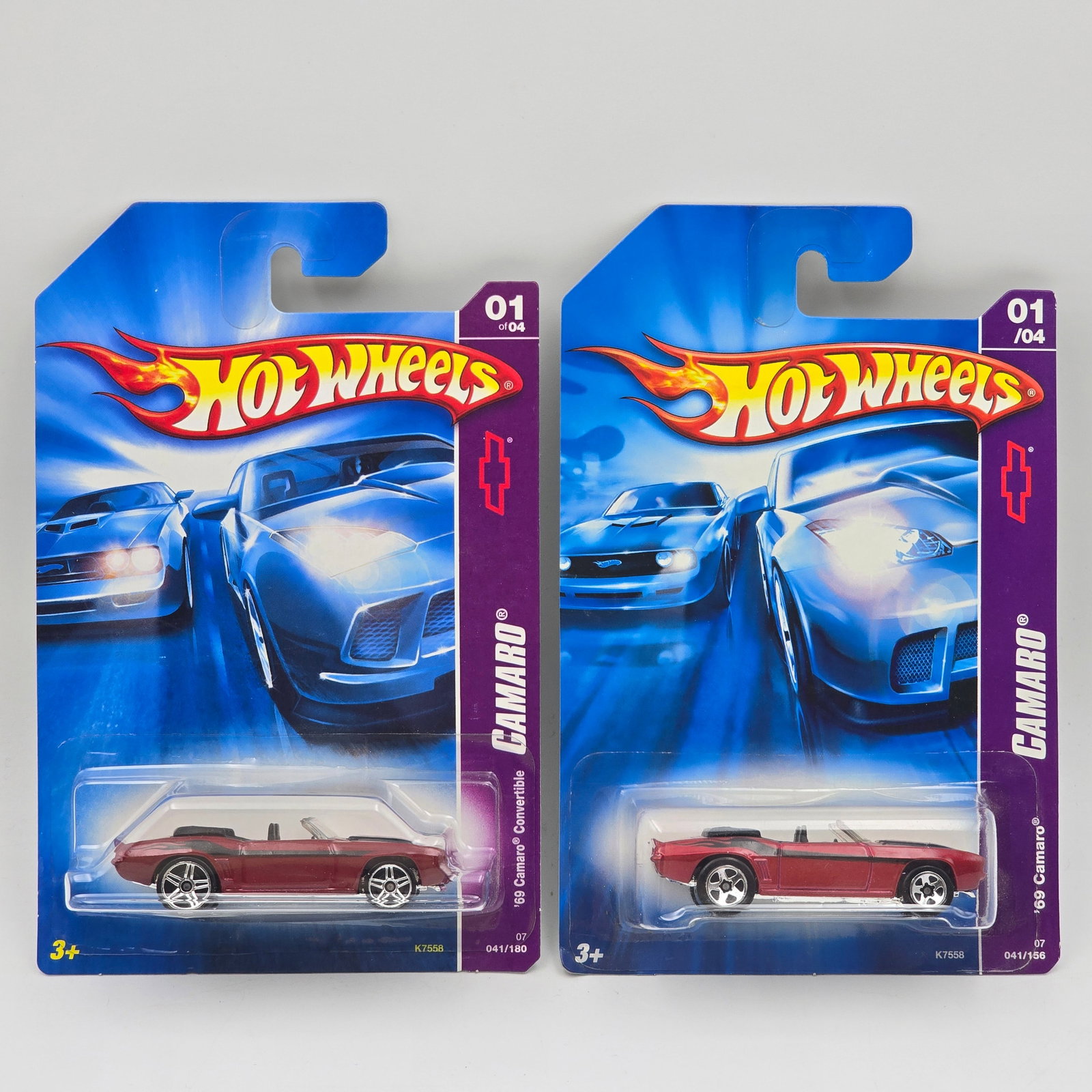 Hot Wheels 69 Camaro Pair: Hot Wheels Dark Red 69 Camaro Convertible Pair One has 5 spoke wheels the other has PR5's, they have different card backs as well Cars appear to be in good condition with no issues of note Car