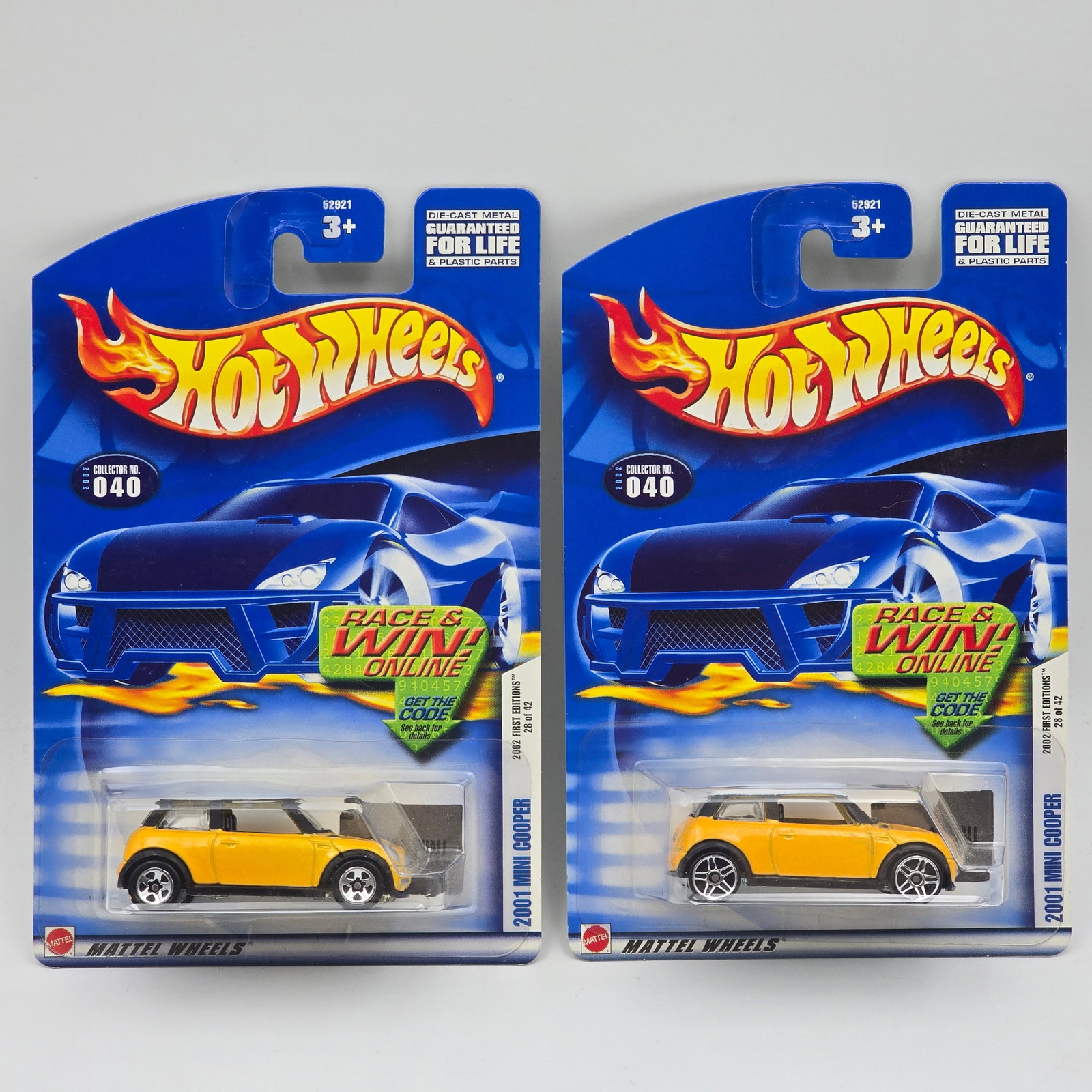 Hot Wheels Mini Cooper Pair: Hot Wheels Yellow 2001 Mini Cooper Pair One has 5 spoke wheels the other has PR5 wheels Cars appear to be in good condition with no issues of note Cards are in good shape, may have minor edge dings in