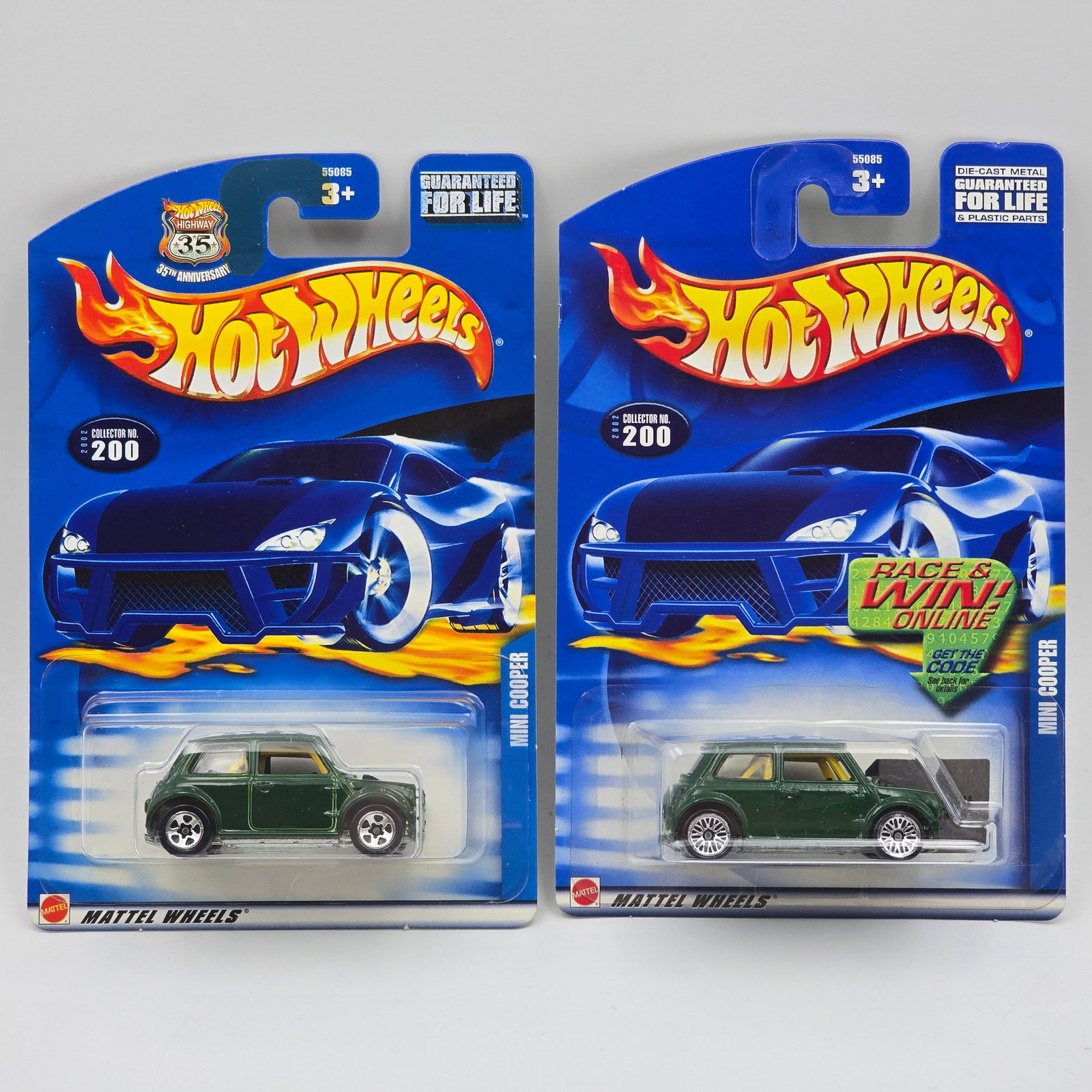Hot Wheels Mini Cooper Pair: Hot Wheels Green Mini Cooper Pair One has 5 spoke wheels the other has Lace wheels Cars appear to be in good condition with no issues of note Cards are in good shape, may have minor edge dings in spot