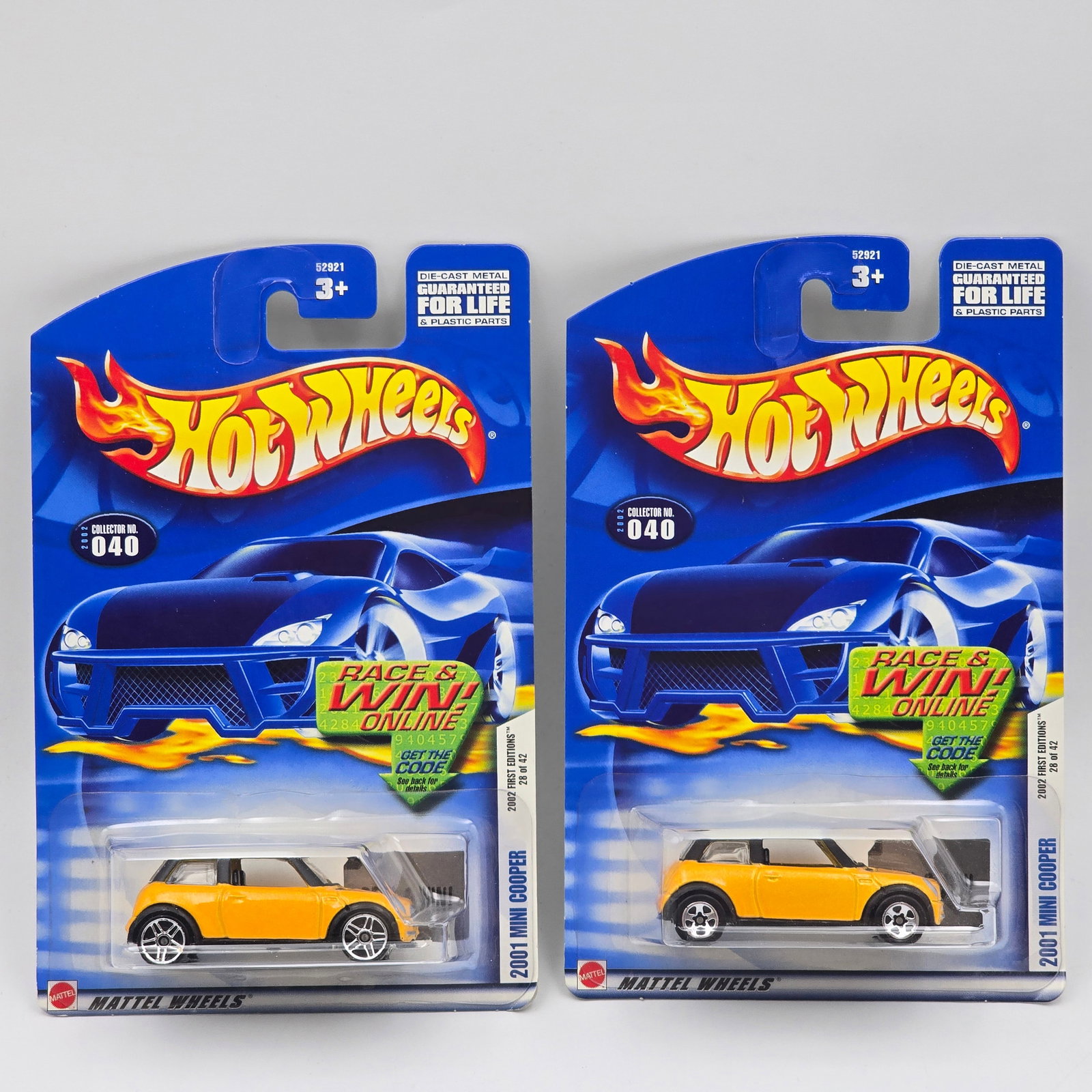 Hot Wheels Mini Cooper Pair: Hot Wheels Yellow 2001 Mini Cooper Pair One has 5 spoke wheels the other has PR5 wheels Cars appear to be in good condition with no issues of note Cards are in good shape, may have minor edge dings in