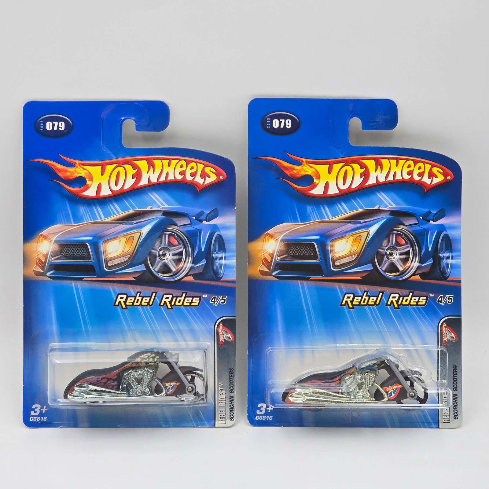 Hot Wheels Scorchin Scooter Pair: Hot Wheels Rebel Rides Scorchin Scooter Pair The tampos are lighter on one but the main difference is one has a Thailand base Cars appear to be in good condition with no issues of note Cards are in go