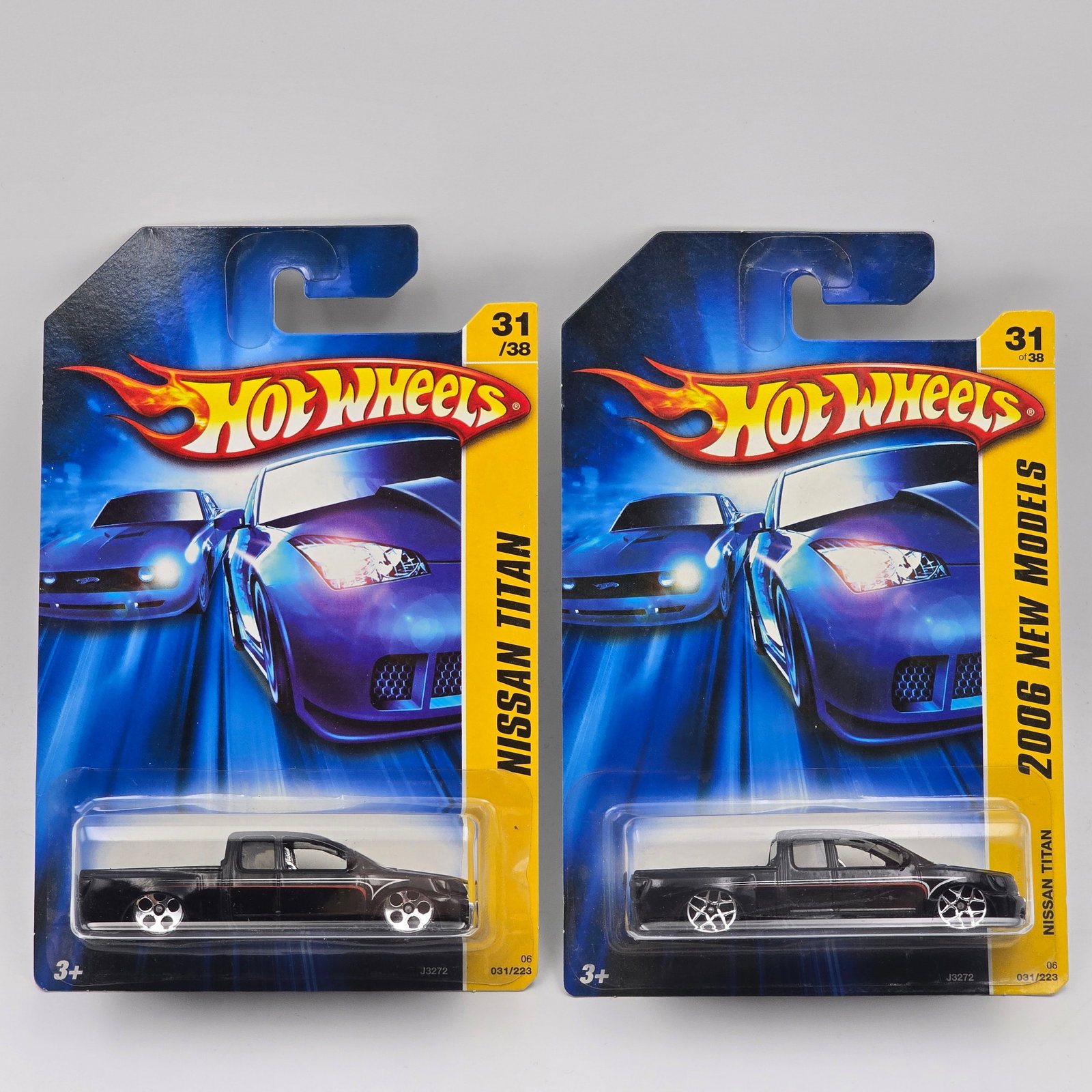 Hot Wheels Nissan Titan Pair: Hot Wheels Nissan Titan Pair One has Y5 wheels the other has 5 hole wheels, they are on different cards as well Cars appear to be in good condition with no issues of note Cards are in good shape, may 