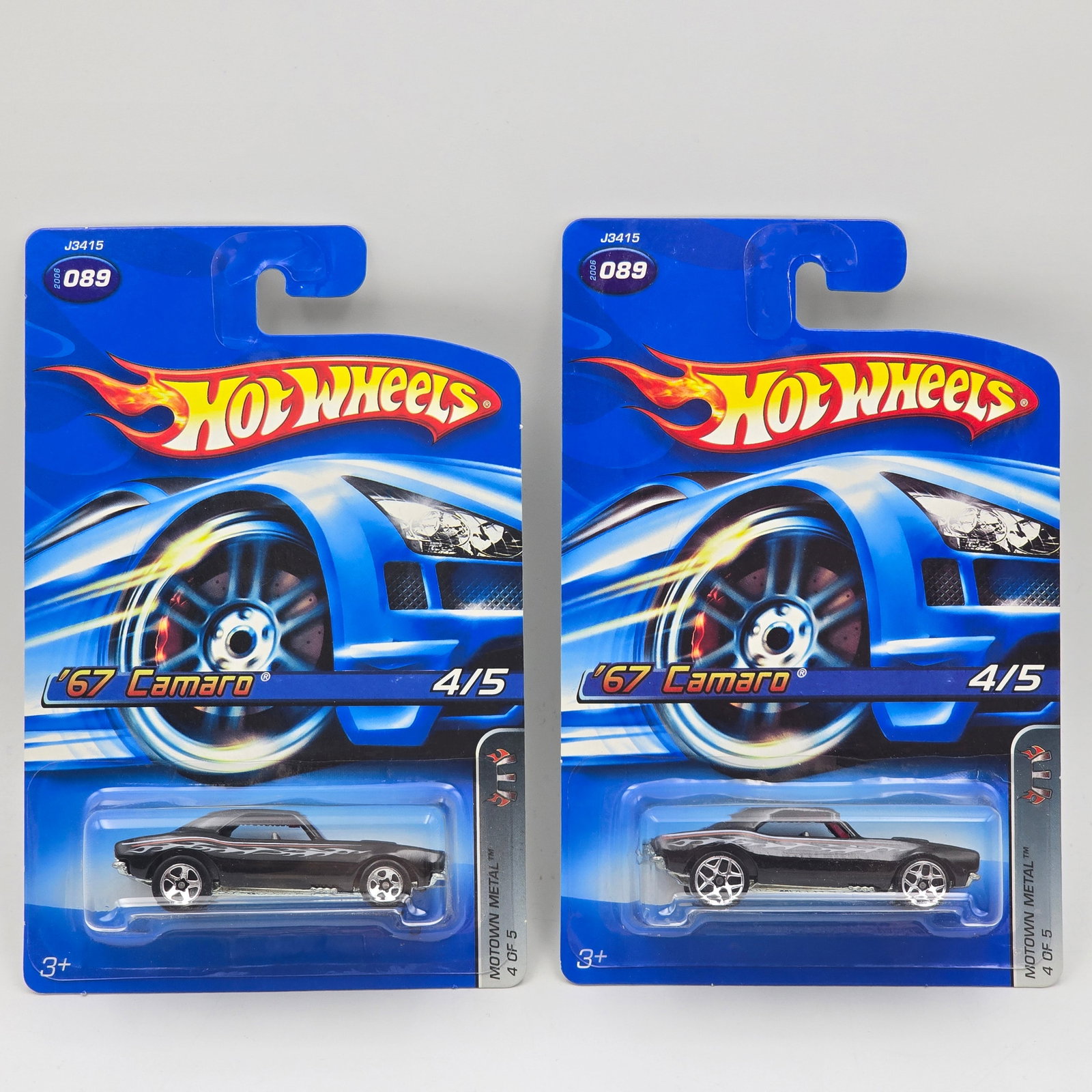 Hot Wheels 67 Camaro Pair: Hot Wheels Motown Metal 67 Camaro Pair One has Y5 wheels the other has 5 spoke wheels Cars appear to be in good condition with no issues of note Cards are in good shape, may have minor edge dings in s