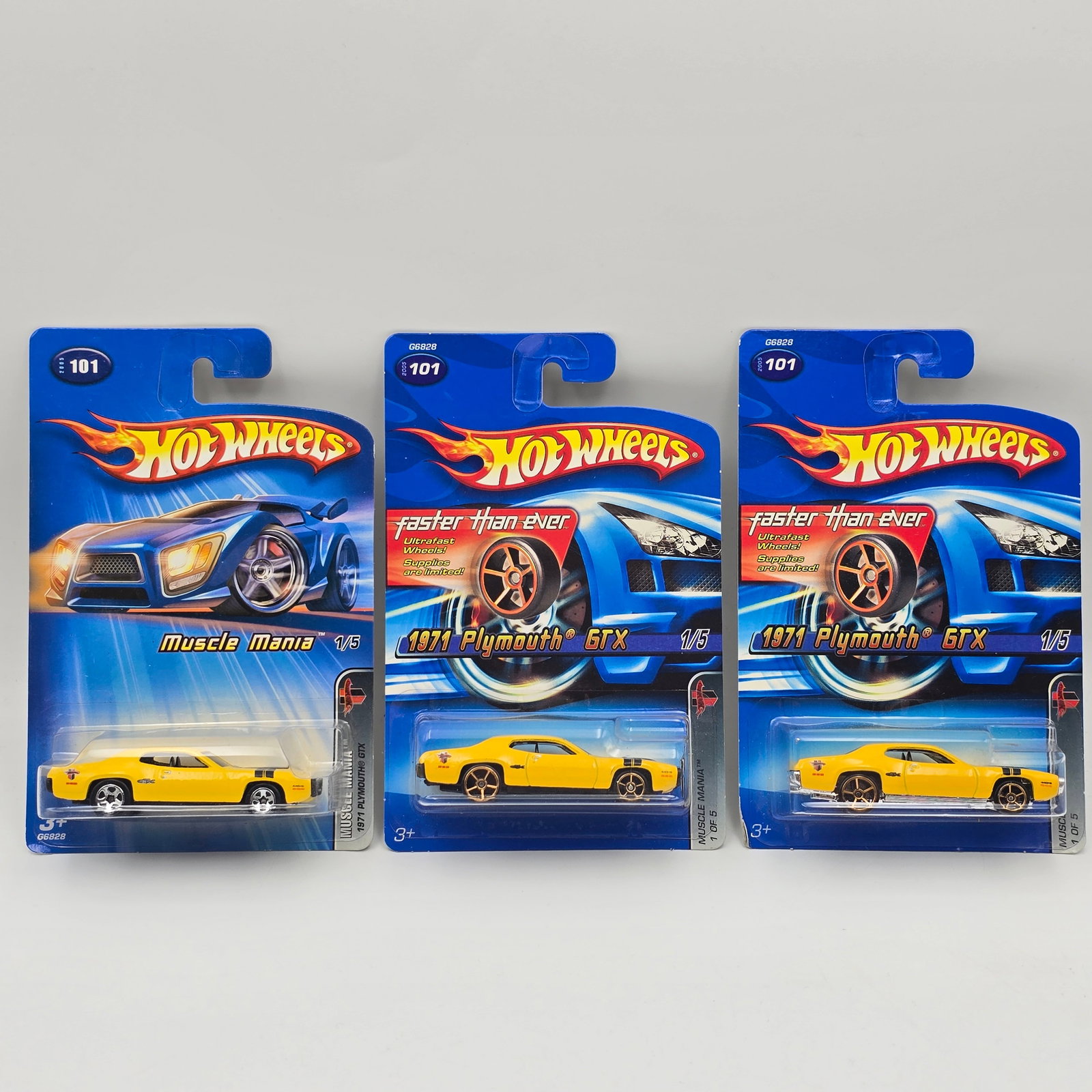 Hot Wheels 71 Plymouth GTX lot of 3: Hot Wheels Muscle Mania 71 Plymouth GTX lot of 3 three variations (base and wheels) Two are on Faster than ever cards, they both have Faster than ever wheels, one has a black base, the other has a chr