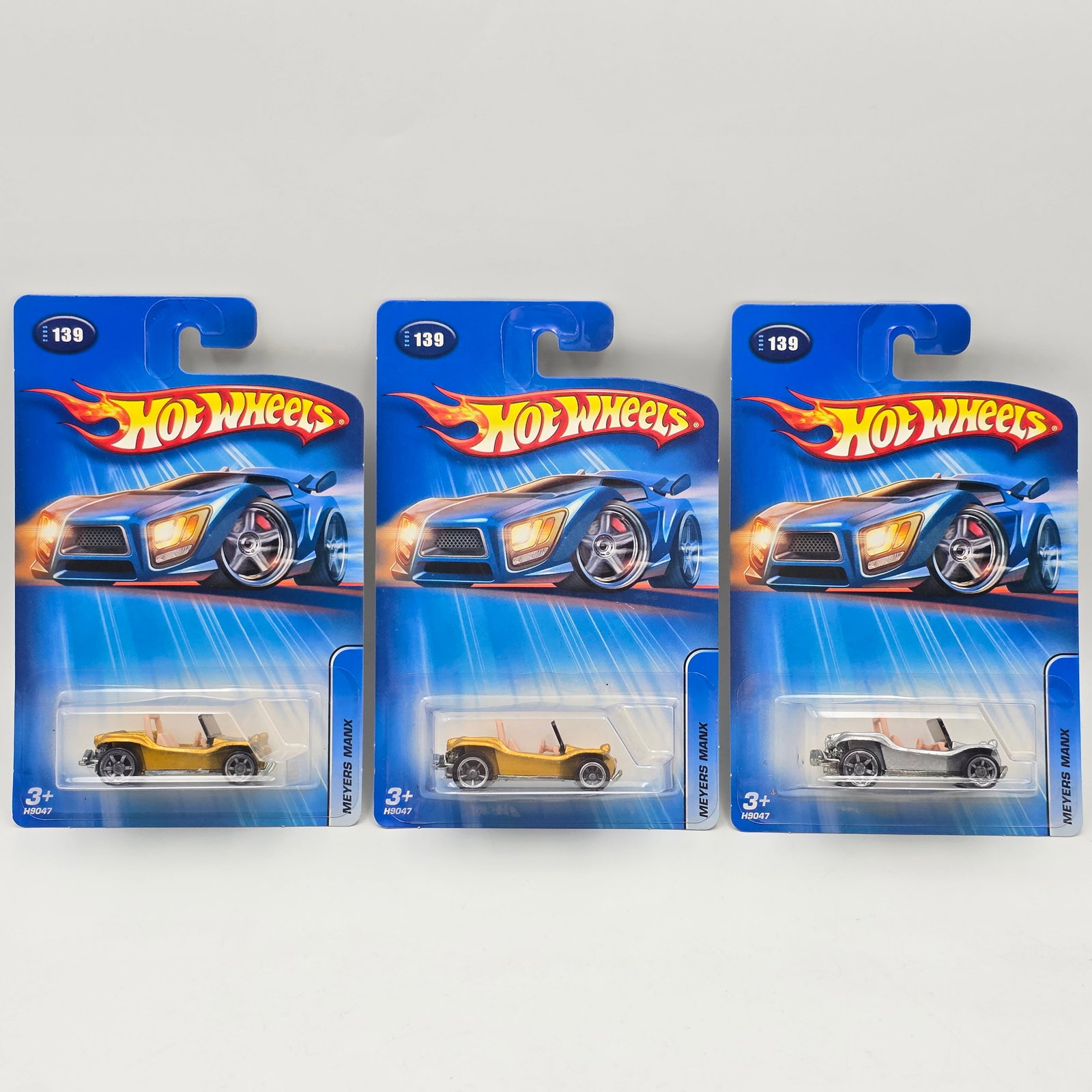 Hot Wheels Myers Manx lot of 3: Hot Wheels Myers Manx lot of 3 One of the Gold and the silver have matching wheels, the third has a different wheel than the other 2 (comold 6 spoke and one comold 5 spoke) Cars appear to be in good c