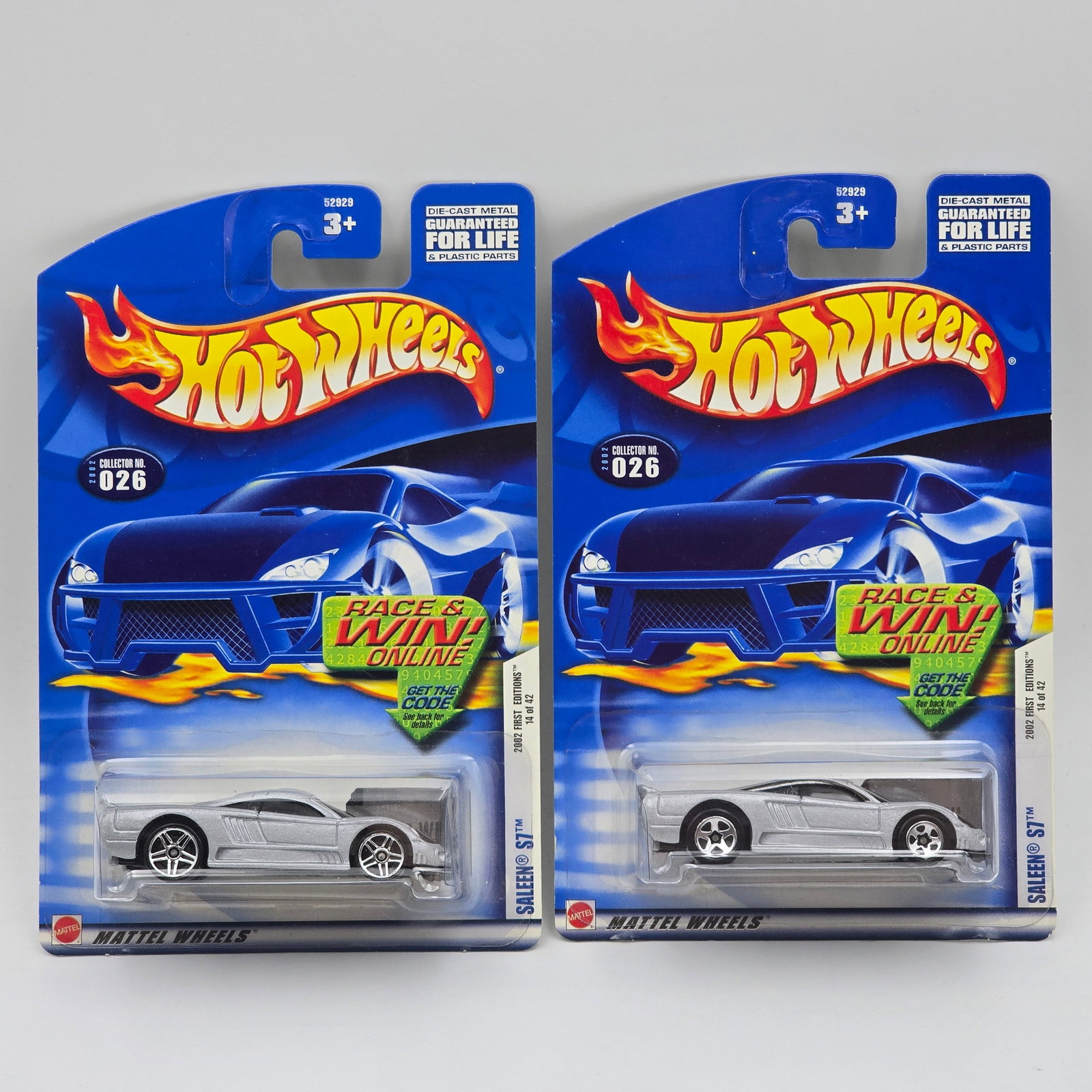 Hot Wheels Saleen S7 Pair: Hot Wheels PR5 wheels the other has 5 spoke wheels Cars appear to be excellent to near mint with no issues of note Cards are excellent, may have minor edge dings in spots, blisters are crack free and 