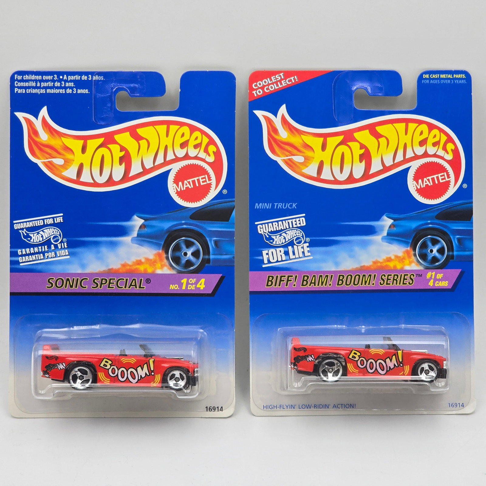Hot Wheels Mini Truck Pair: Hot Wheels Mini Truck pair Includes 1 Biff! Bam! Boom! series on International card, the other is a Sonic Special Cars appear to be in good condition with no issues of note Cards are in good sha