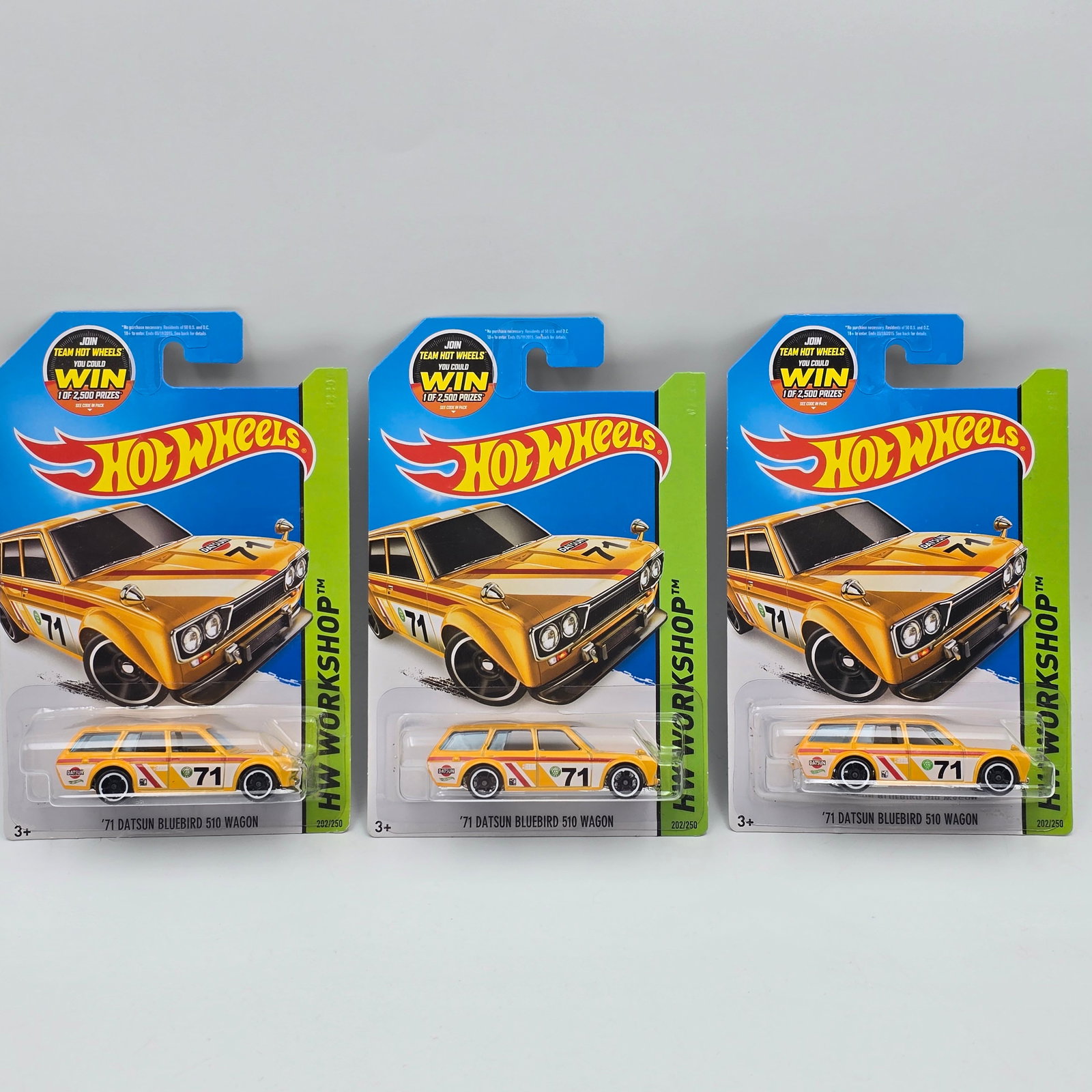 Hot Wheels Bluebird Wagon lot of 3: Hot Wheels yellow HW Workshop 71 Datsun Bluebird 510 Wagon lot of 3 casting variations All three grill variations included (smooth grill, fine mesh and coarse mesh from 3 different tools being used fo