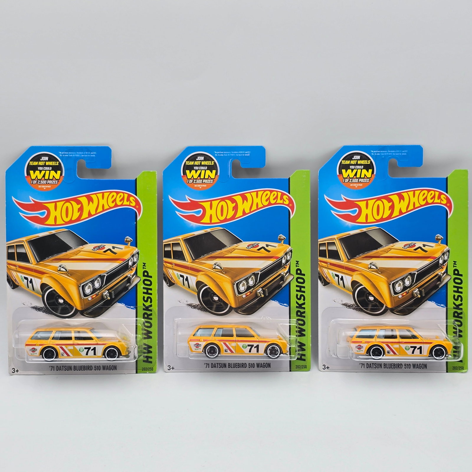 Hot Wheels Datsun Bluebirs lot of 3: Hot Wheels yellow HW Workshop 71 Datsun Bluebird 510 Wagon lot of 3 casting variation All three grill variations included (smooth grill, fine mesh and coarse mesh from 3 different tools being used for