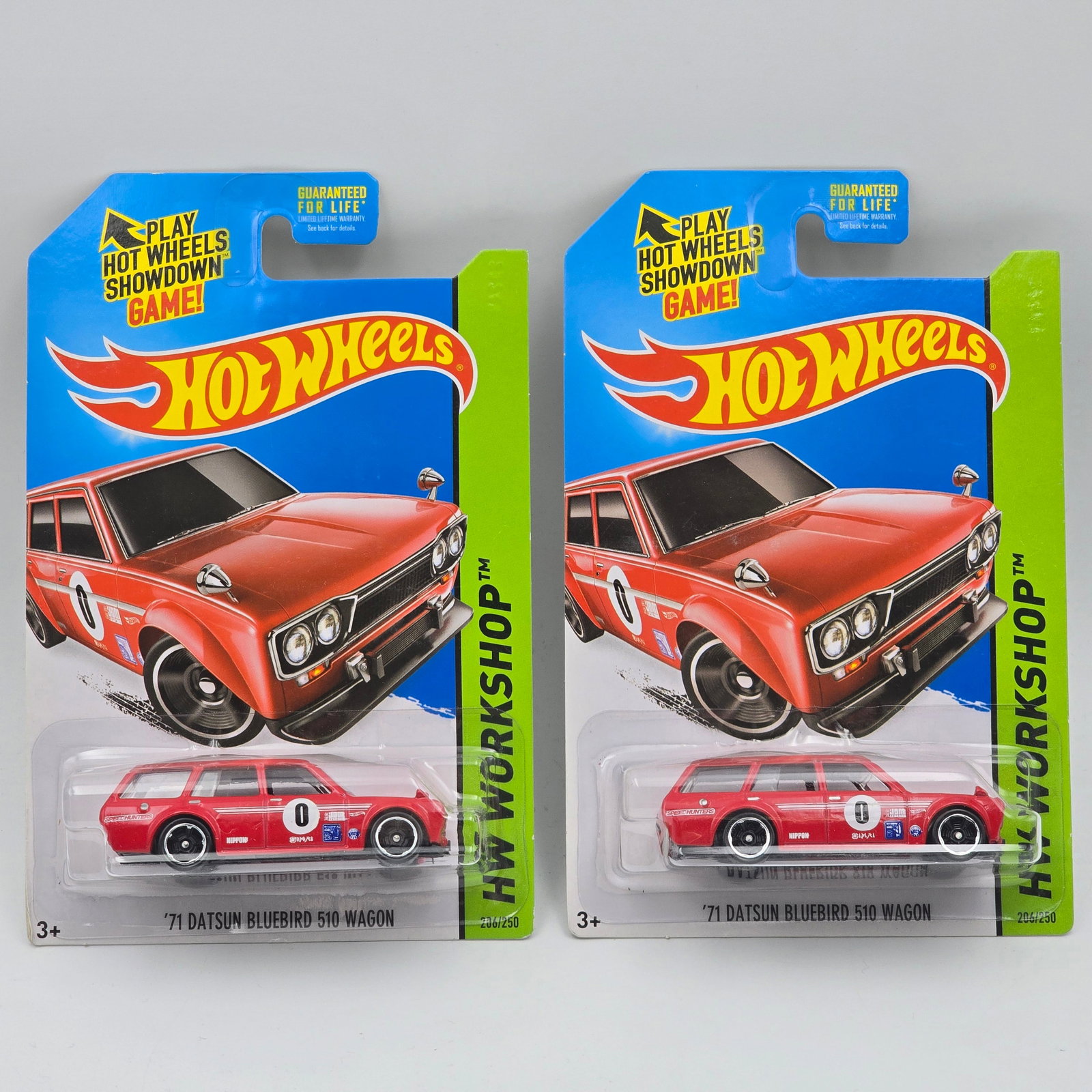 Hot Wheels Bluebird Wagon Pair: Hot Wheels red HW Workshop 71 Datsun Bluebird 510 Wagon pair casting variation one fine mesh and one coarse mesh (from different tools being used to manufacture the cars) Cars appear to be in good con