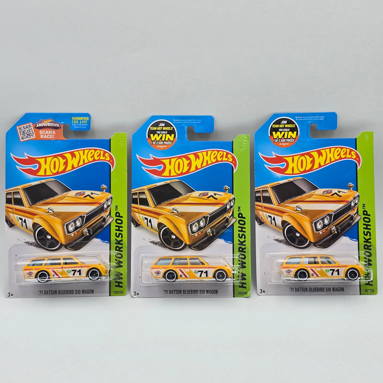 Hot Wheels Bluebird Wagon lot of 3: Hot Wheels yellow HW Workshop 71 Datsun Bluebird 510 Wagon lot of 3 casting variation All three grill variations included (smooth grill, fine mesh and coarse mesh from 3 different tools being used for