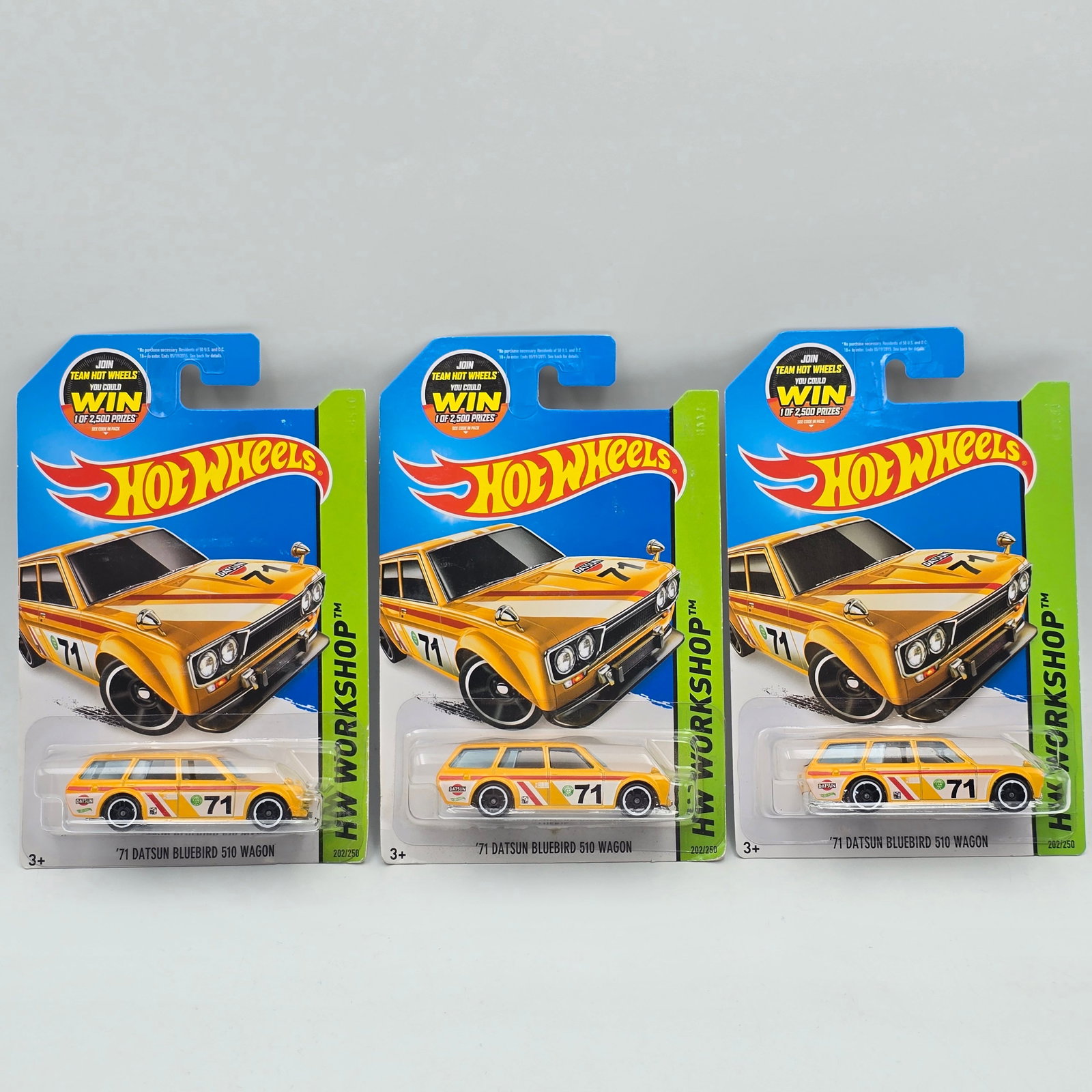 Hot Wheels Bluebird Wagon lot of 3: Hot Wheels yellow HW Workshop 71 Datsun Bluebird 510 Wagon lot of 3 All three grill variations included (smooth grill, fine mesh and coarse mesh from 3 different tools being used for the cars) Cars ap